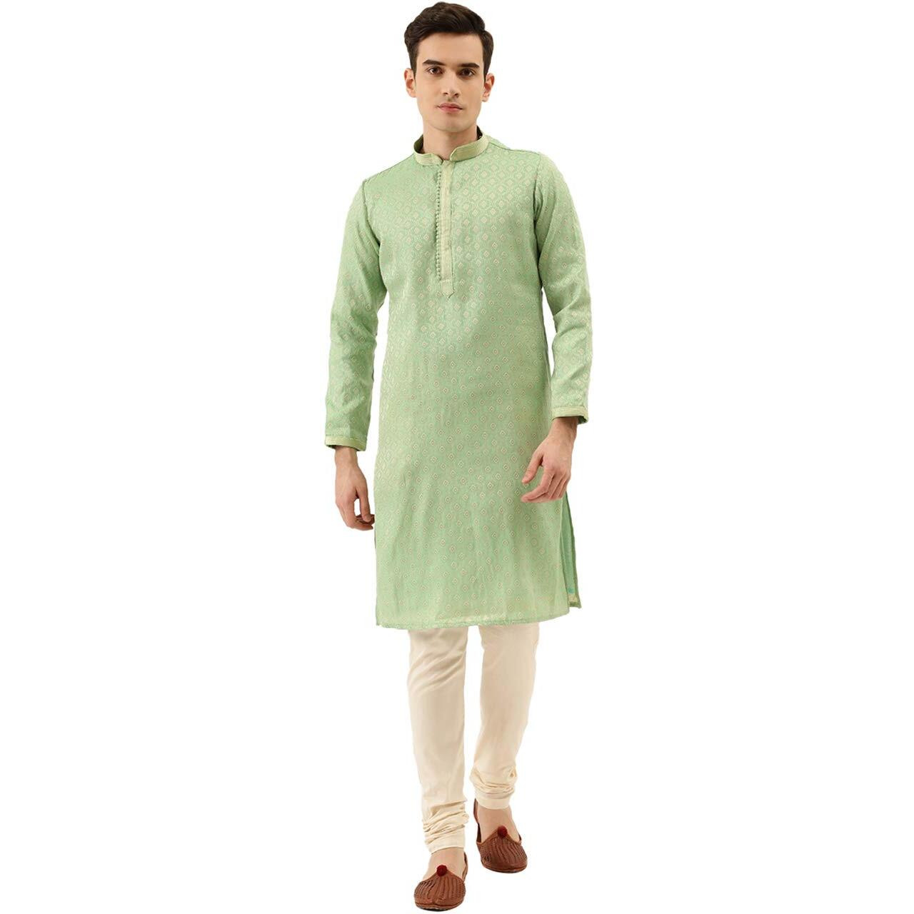 Manyavar Sytlish Casual Silk Blend Full Sleeves Jacquard Churidar Kurta Set For Men - (Green, X-Large)