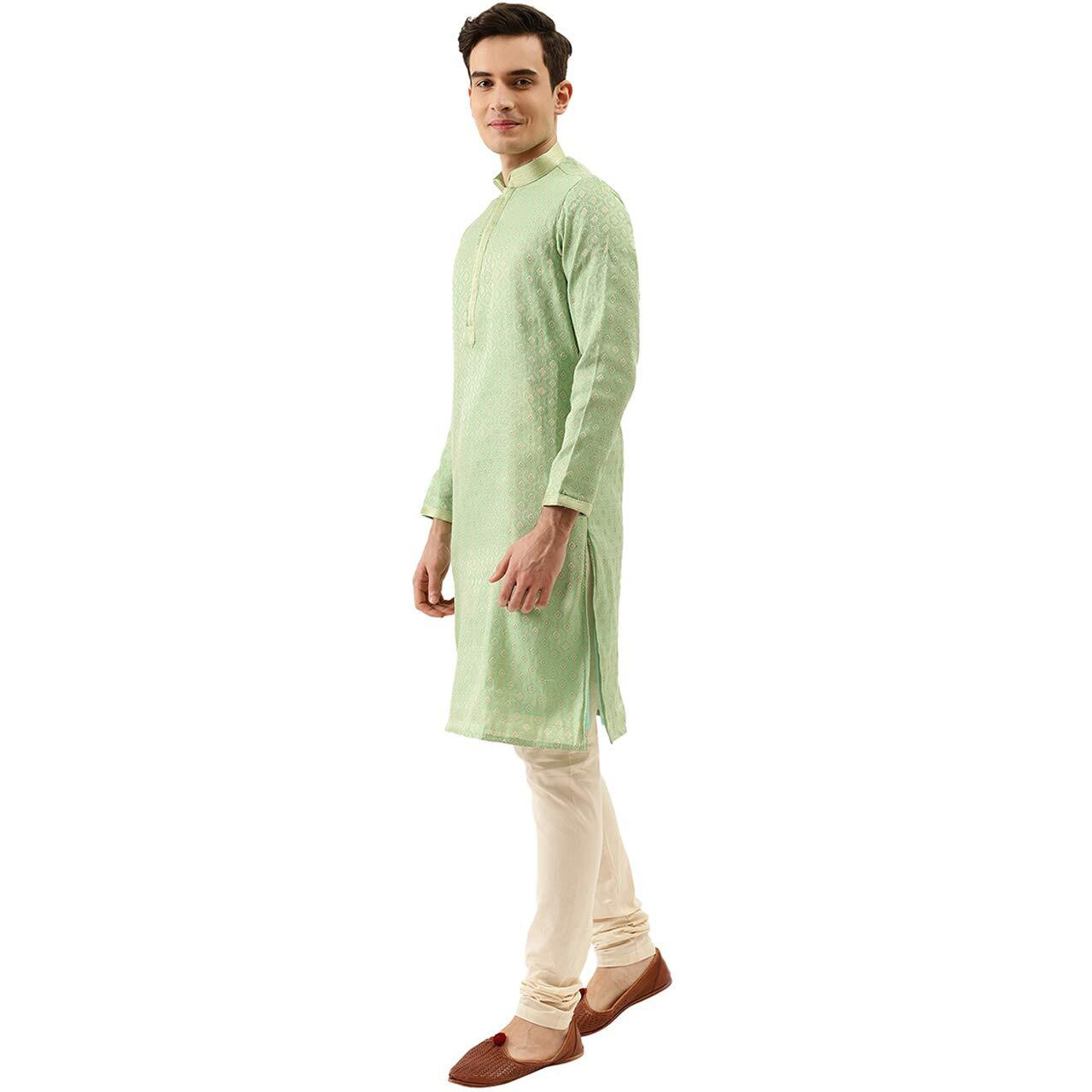 Manyavar Sytlish Casual Silk Blend Full Sleeves Jacquard Churidar Kurta Set For Men - (Green, X-Large)