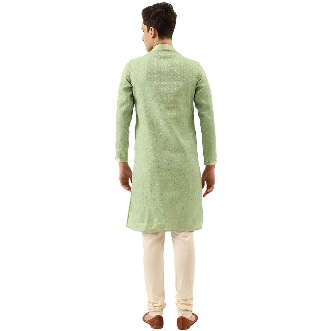 Manyavar Sytlish Casual Silk Blend Full Sleeves Jacquard Churidar Kurta Set For Men - (Green, X-Large)