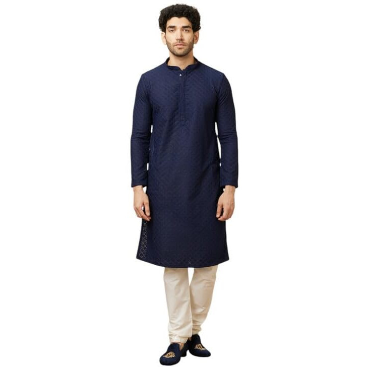 Manyavar Elegant Embroidered Full Sleeves Kurta And Churidar Set For Men - (Blue, X-Large)