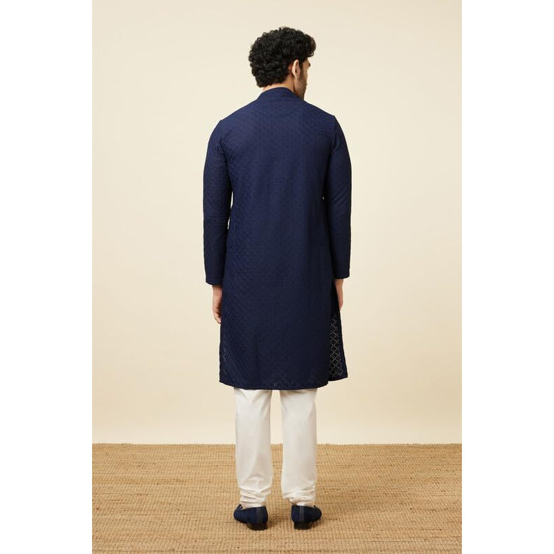 Manyavar Elegant Embroidered Full Sleeves Kurta And Churidar Set For Men - (Blue, X-Large)