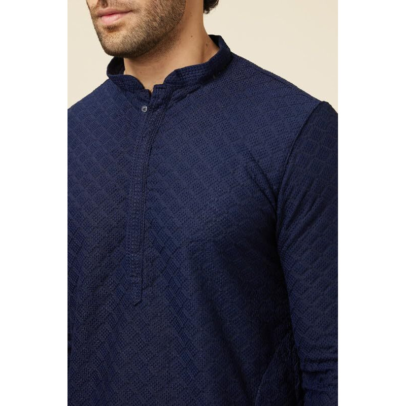 Manyavar Elegant Embroidered Full Sleeves Kurta And Churidar Set For Men - (Blue, X-Large)