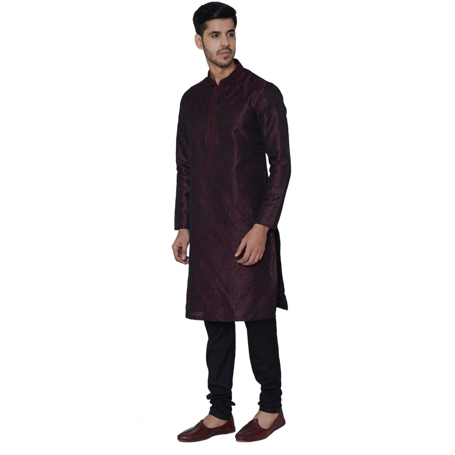 Manyavar Elegant Selfdesign Kurta And Churidar Set For Men - (Wine, Small)
