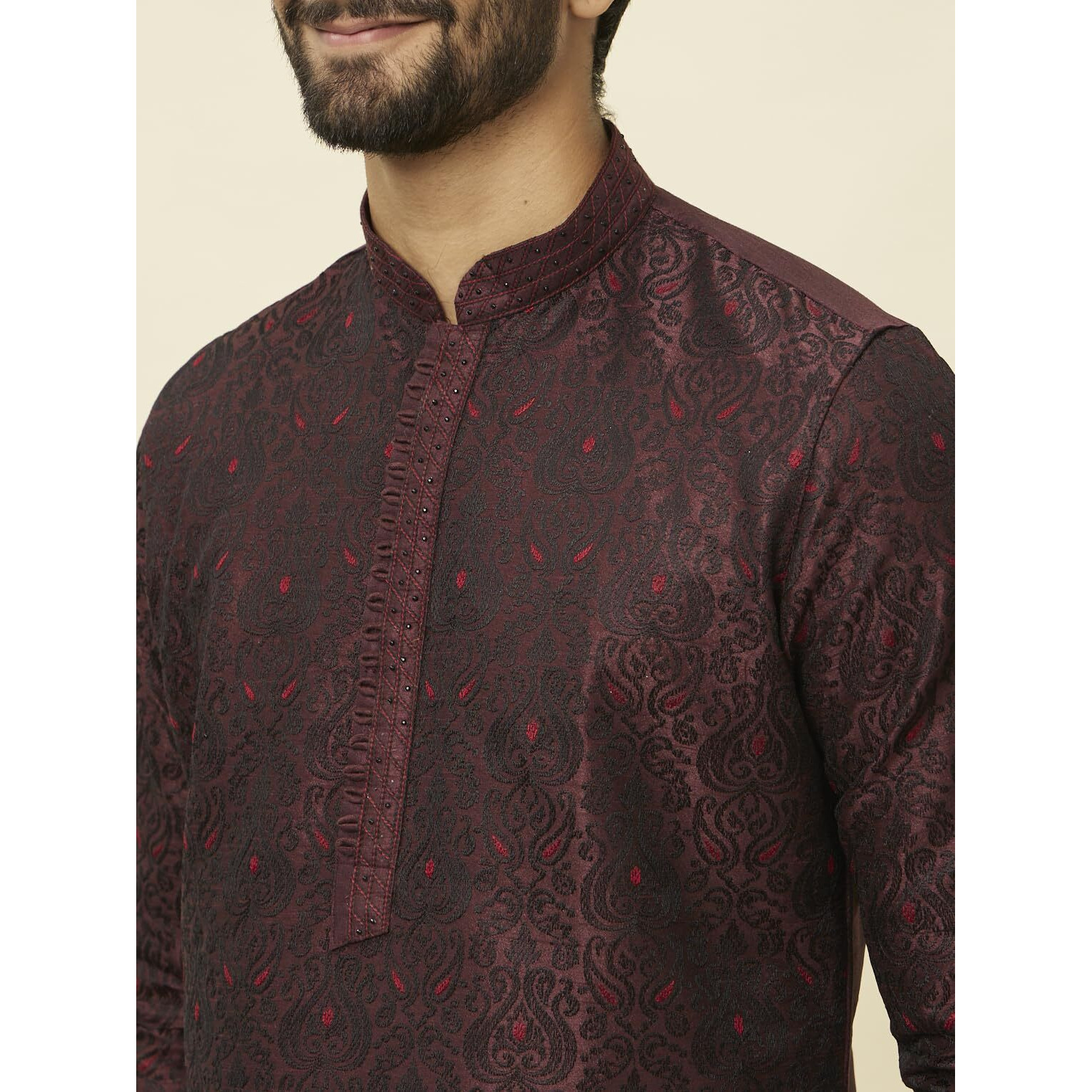 Manyavar Elegant Selfdesign Kurta And Churidar Set For Men - (Wine, Small)