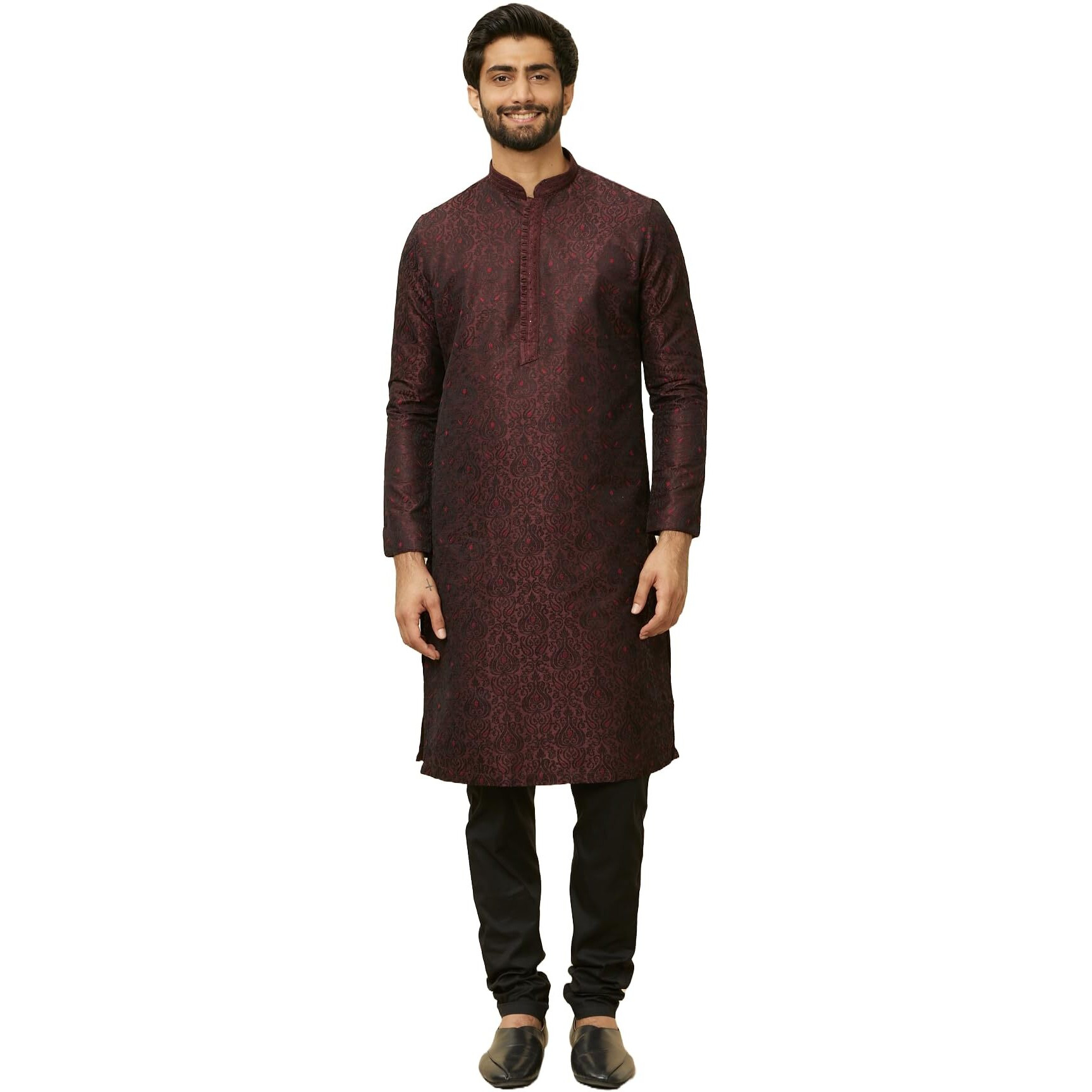 Manyavar Elegant Selfdesign Kurta And Churidar Set For Men - (Wine, Large)