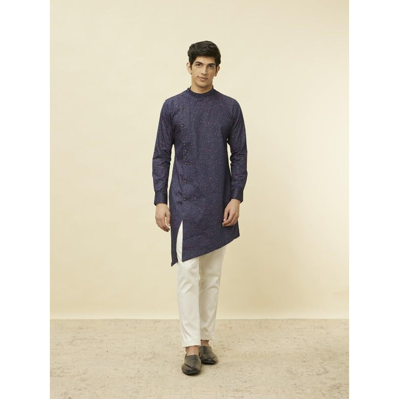 Manyavar Printed Casual Cotton Full Sleeves Kurta For Men - (Blue, Large)