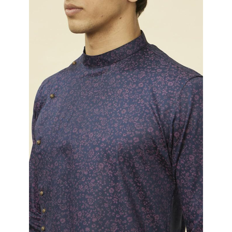 Manyavar Printed Casual Cotton Full Sleeves Kurta For Men - (Blue, Large)