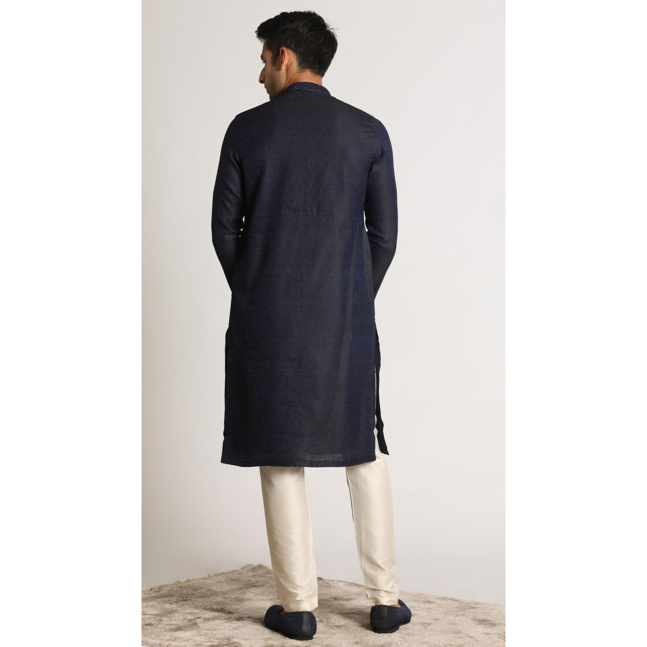 Manyavar Jacquard Design Knee Long Full Sleeves Kurta And Churidar Set For Men - (Blue, Small)