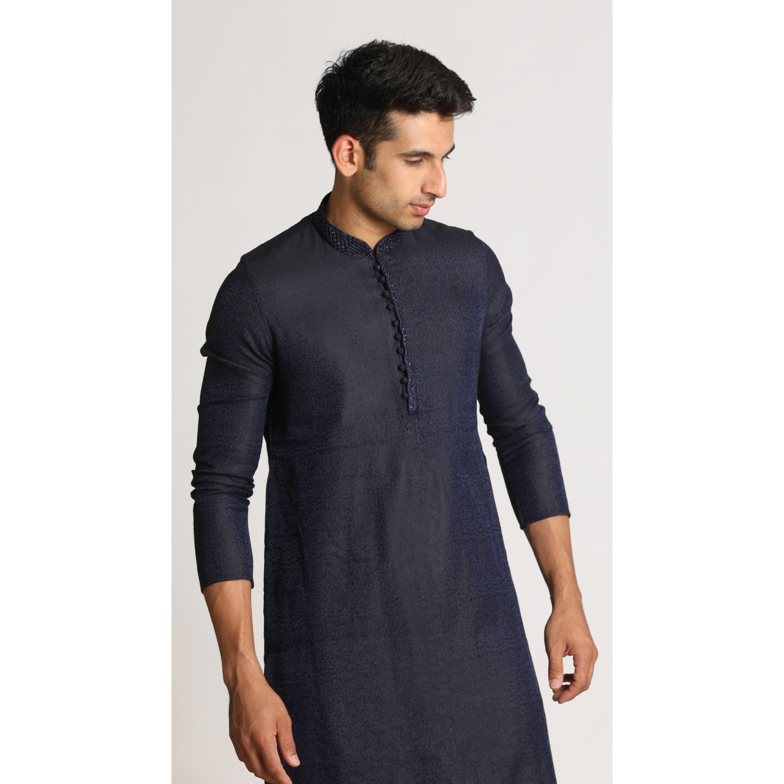 Manyavar Jacquard Design Knee Long Full Sleeves Kurta And Churidar Set For Men - (Blue, Small)