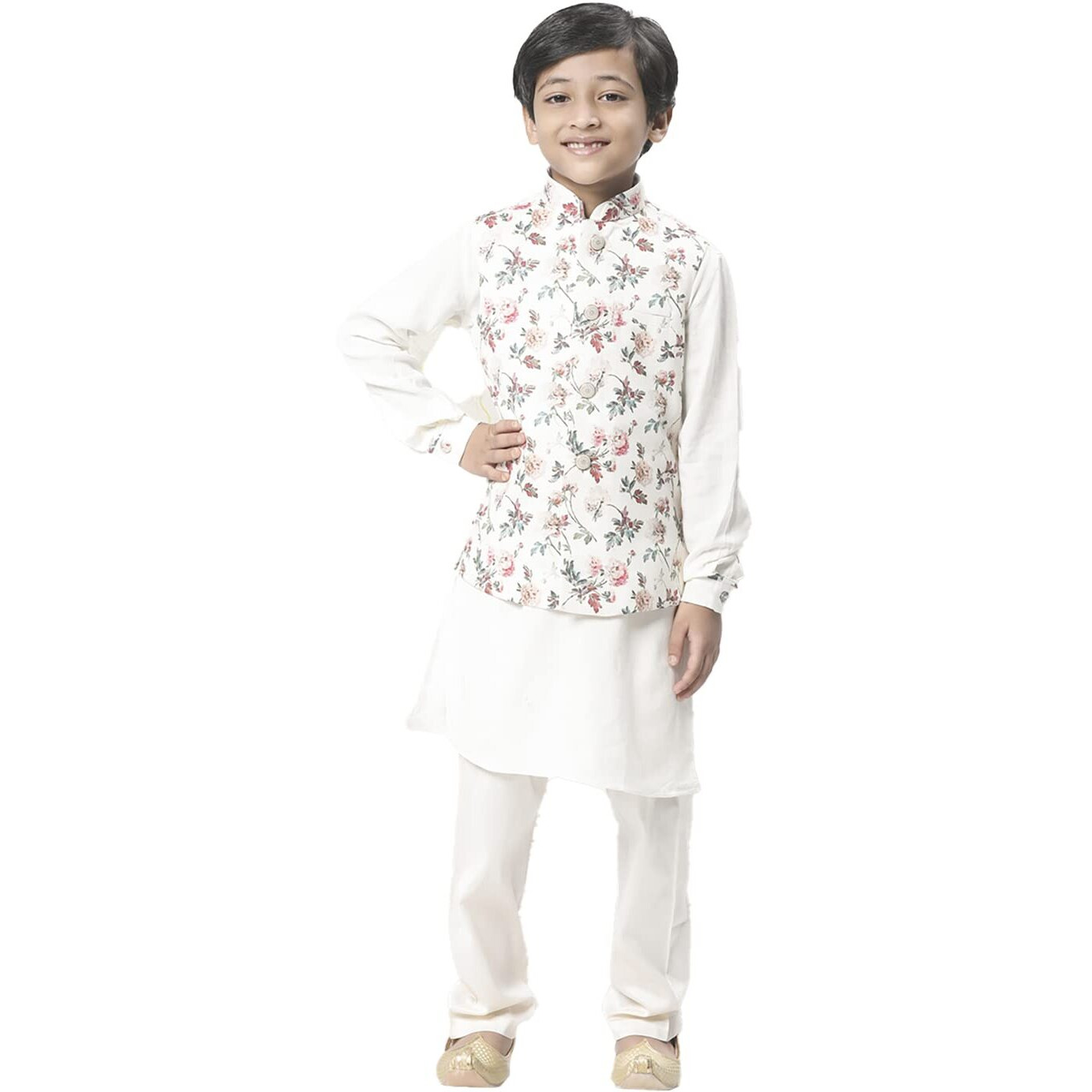 Manyavar Blended Viscose Kurta, Churidar With Jacket Set For Kids And Boys(10-12 Years)