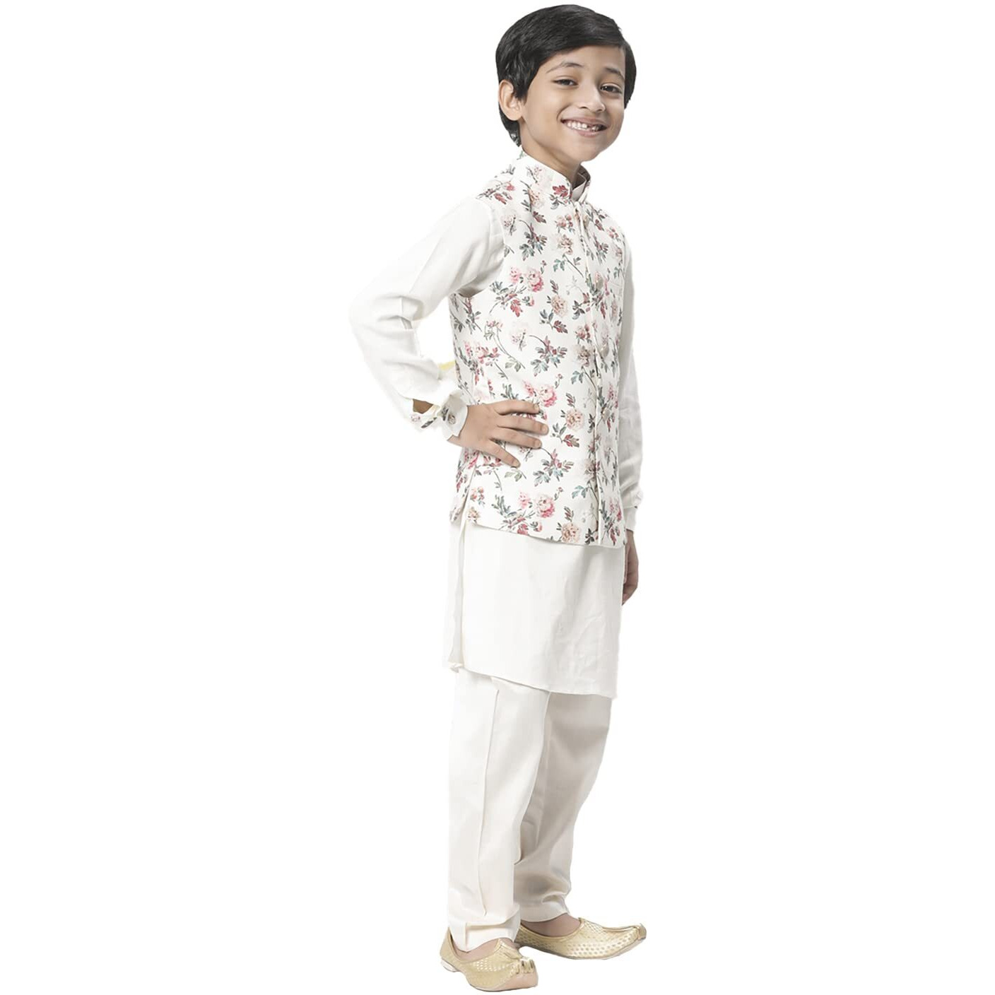 Manyavar Blended Viscose Kurta, Churidar With Jacket Set For Kids And Boys(10-12 Years)