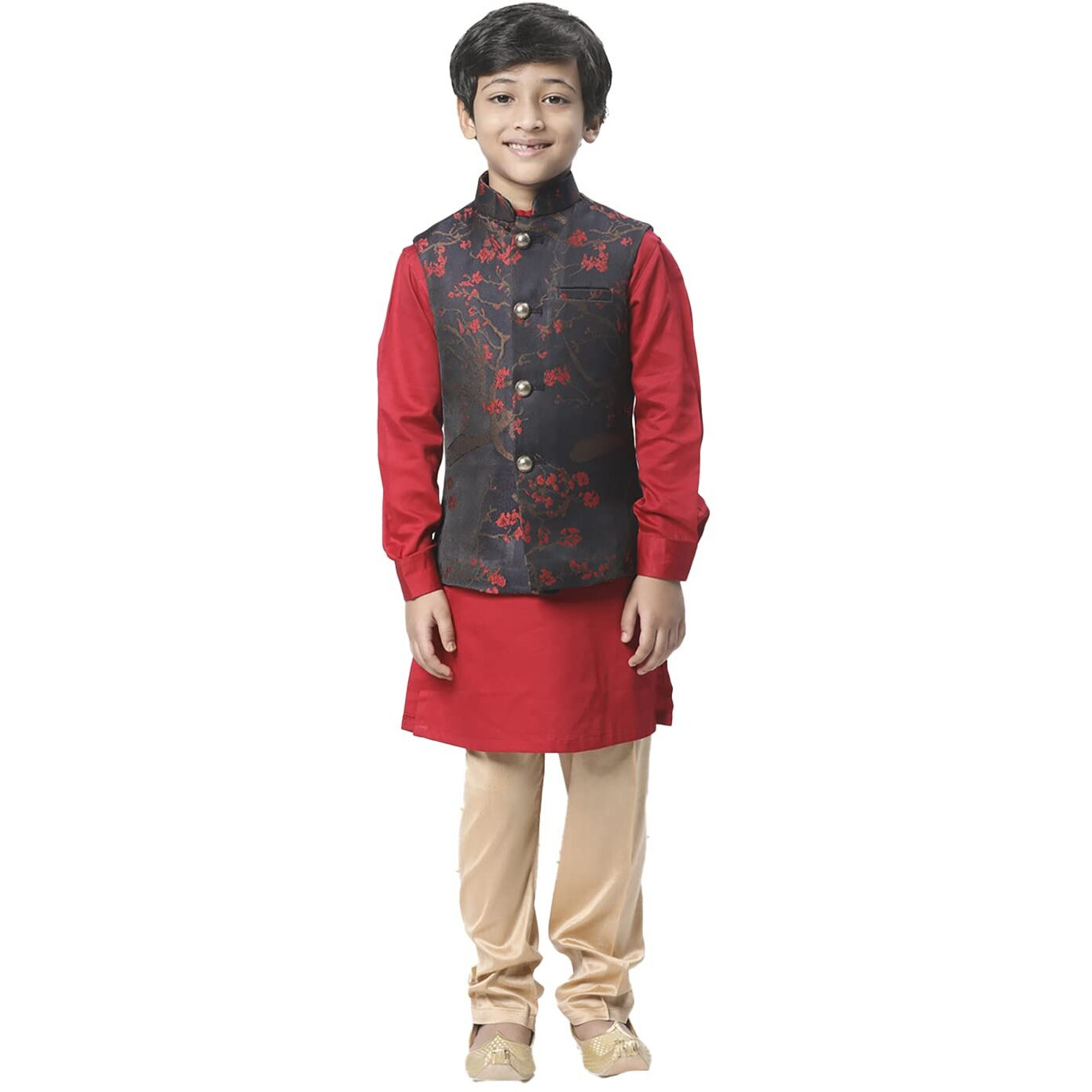 Manyavar Blended Rayon Kurta, Churidar With Jacket Set For Kids & Boys(12-14 Years)