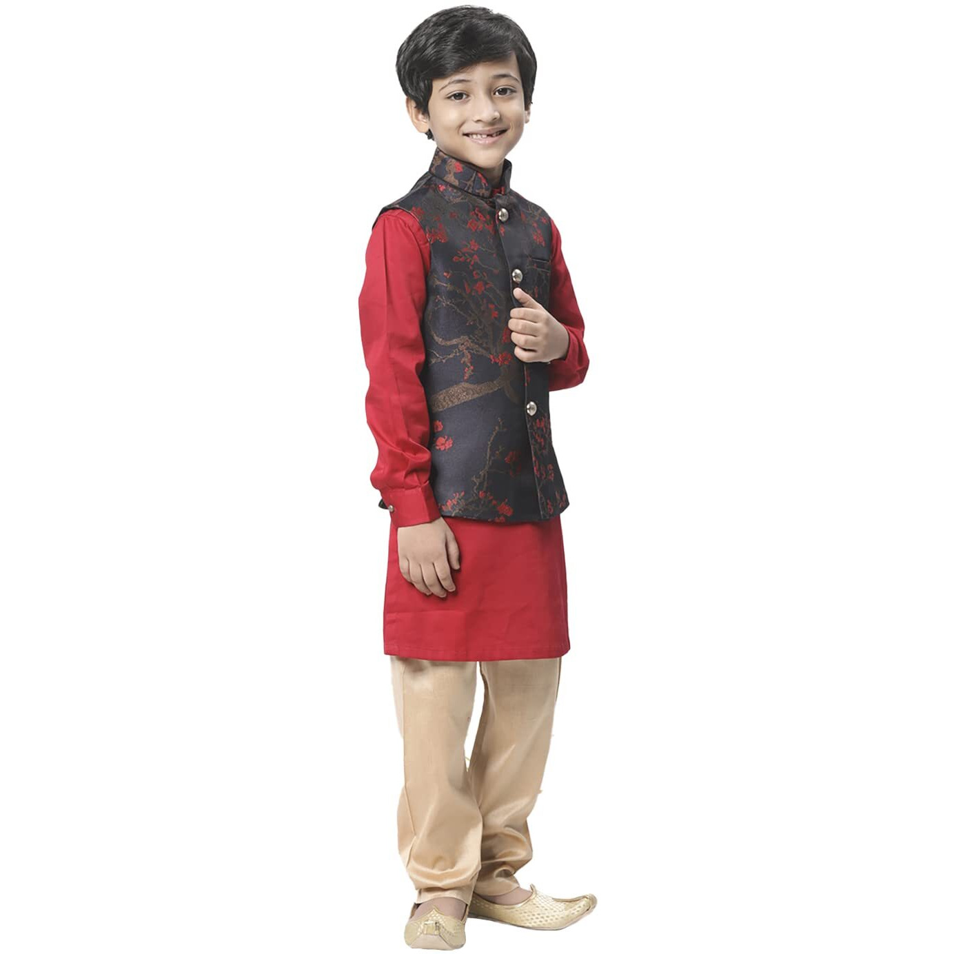 Manyavar Blended Rayon Kurta, Churidar With Jacket Set For Kids & Boys(12-14 Years)