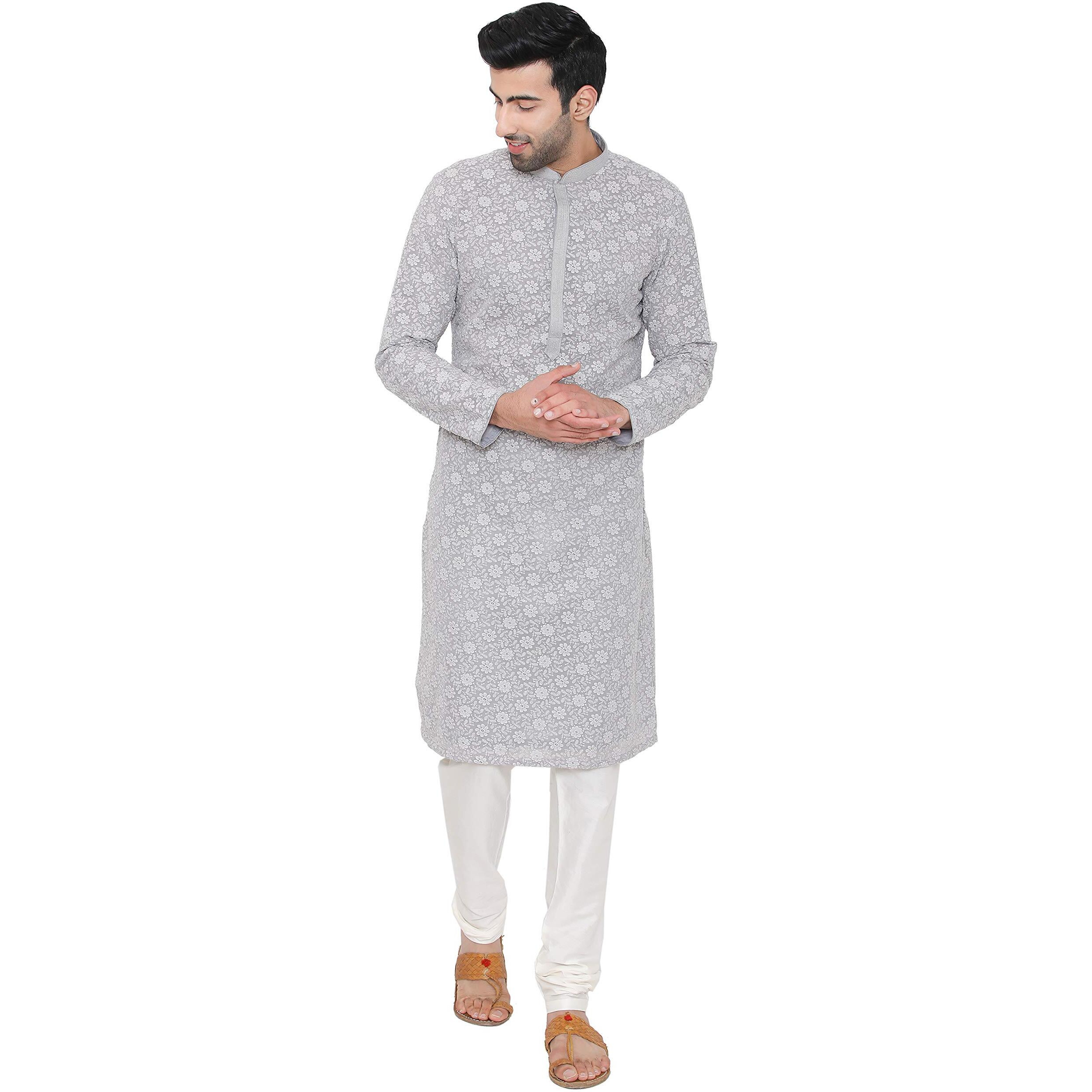 Manyavar Men's Silk Blend Kurta Chudidar Pyjama (Sosk452_Grey_2Xl)