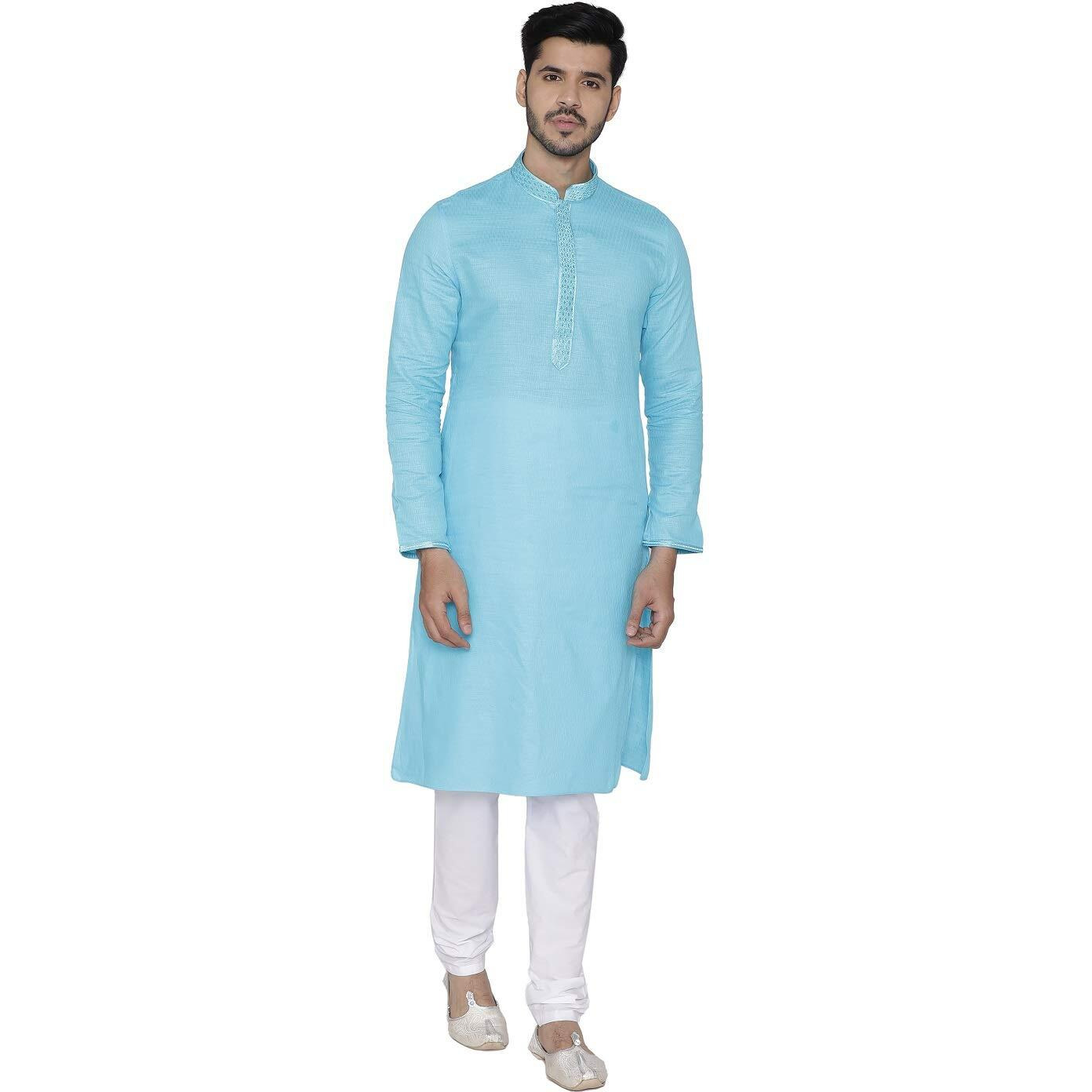 Manyavar Self Design Knee Long Full Sleeves Kurta And Churidar Set For Men - (Firozee, Large)