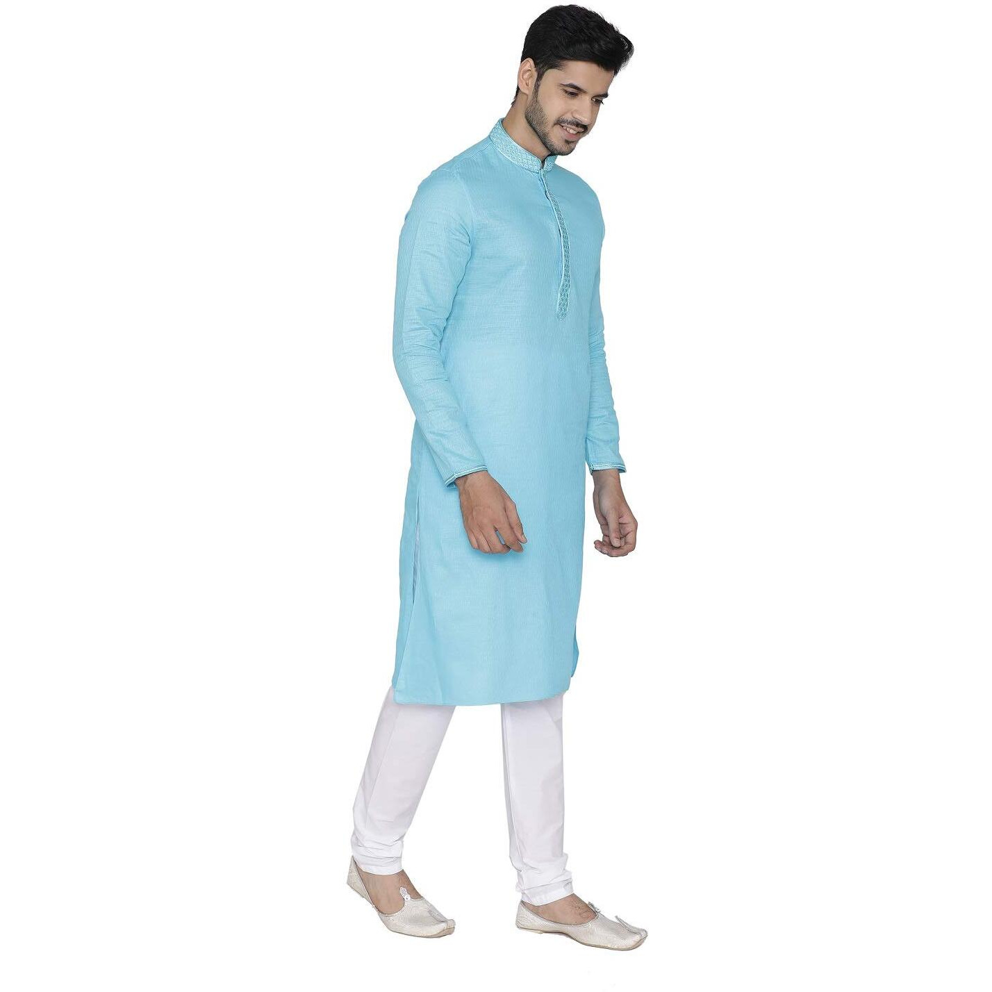 Manyavar Self Design Knee Long Full Sleeves Kurta And Churidar Set For Men - (Firozee, Large)