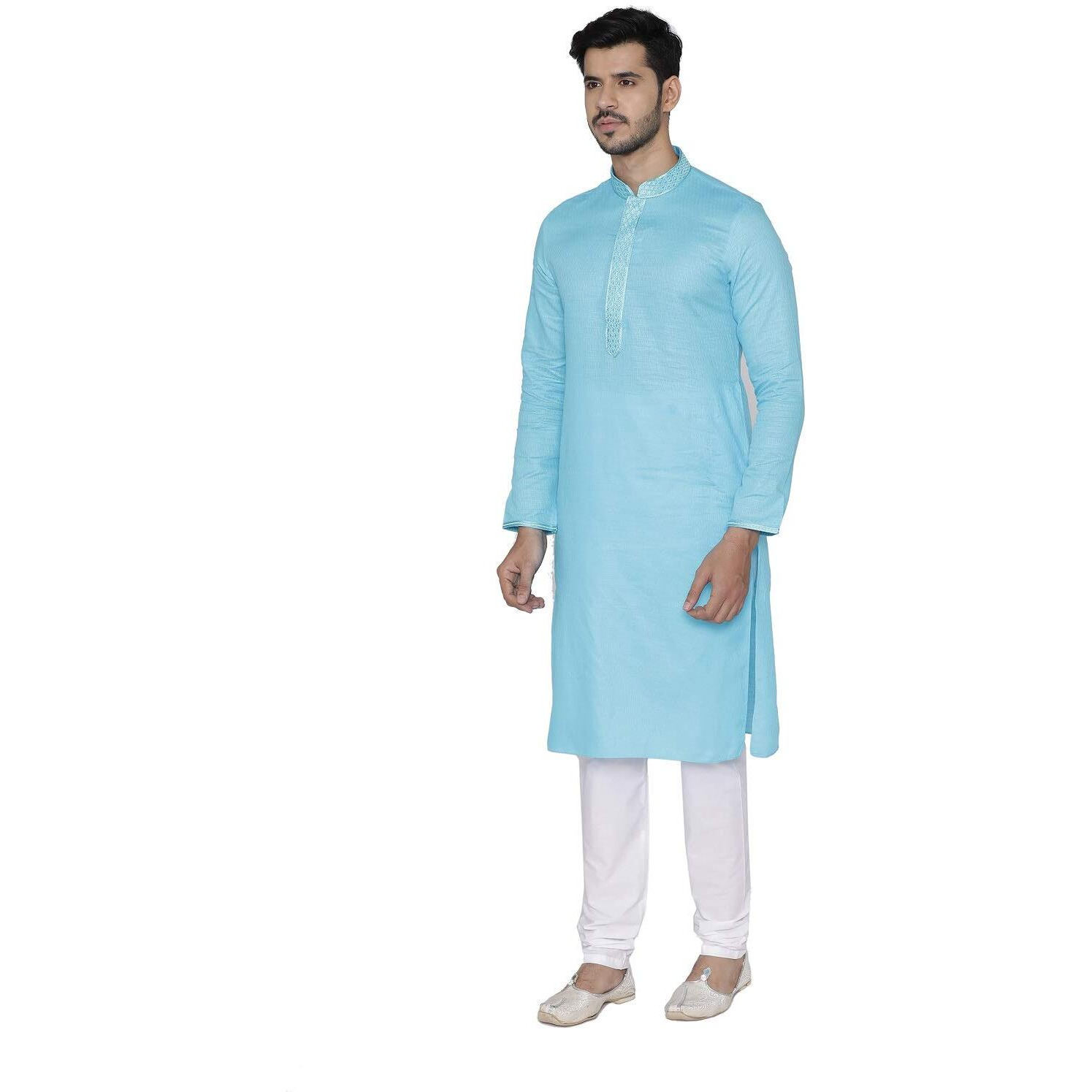 Manyavar Self Design Knee Long Full Sleeves Kurta And Churidar Set For Men - (Firozee, Large)