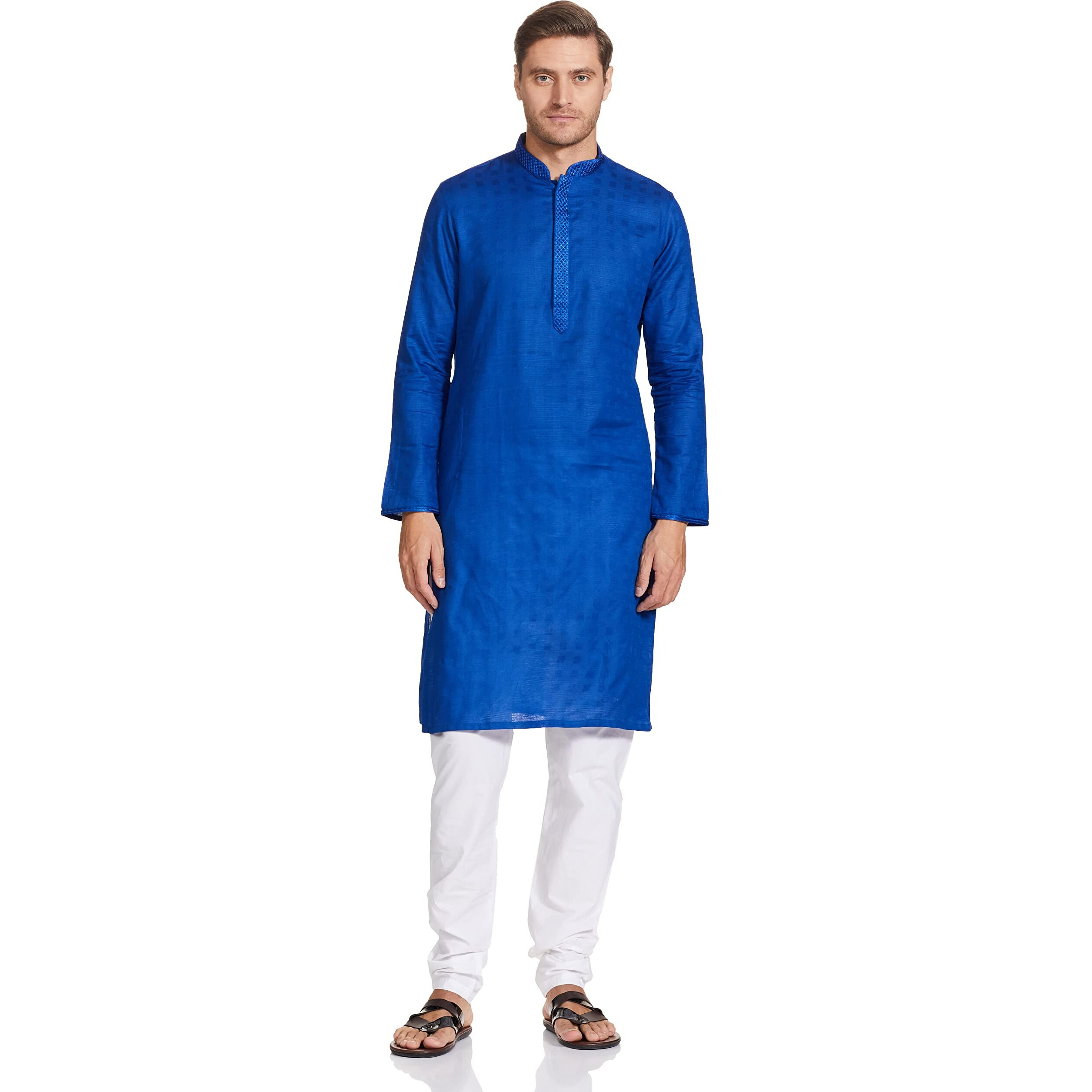 Manyavar Men's Self Design Knee Long Full Sleeves Kurta Churidar Set (Blue, Large)
