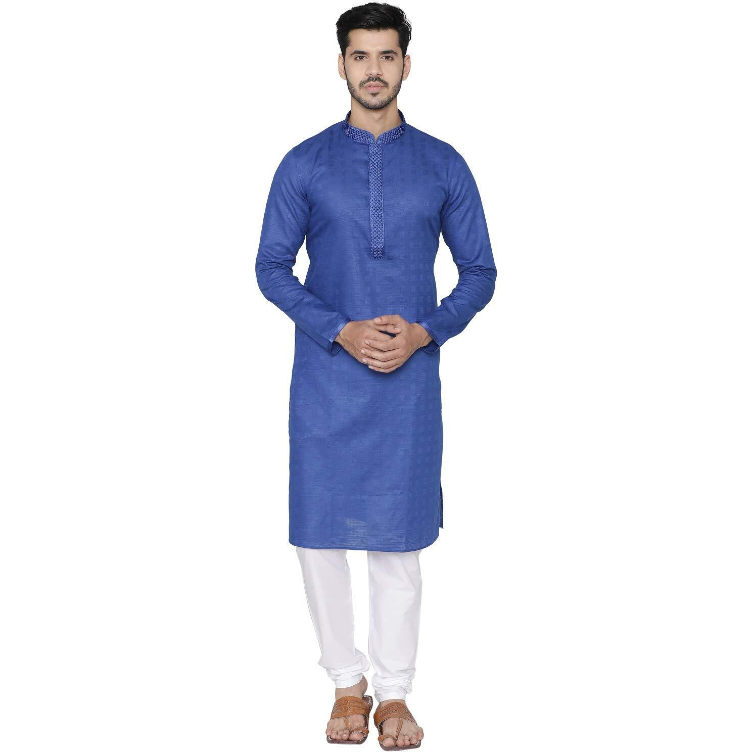 Manyavar Men's Self Design Knee Long Full Sleeves Kurta Churidar Set (Blue, Large)