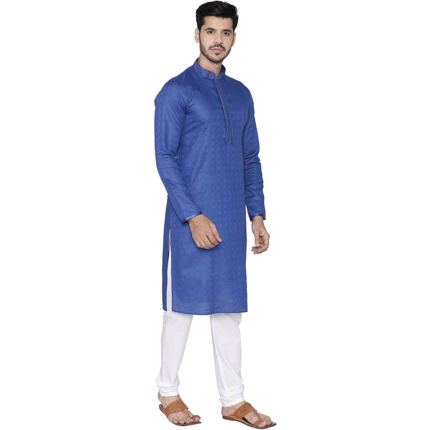 Manyavar Men's Self Design Knee Long Full Sleeves Kurta Churidar Set (Blue, Large)