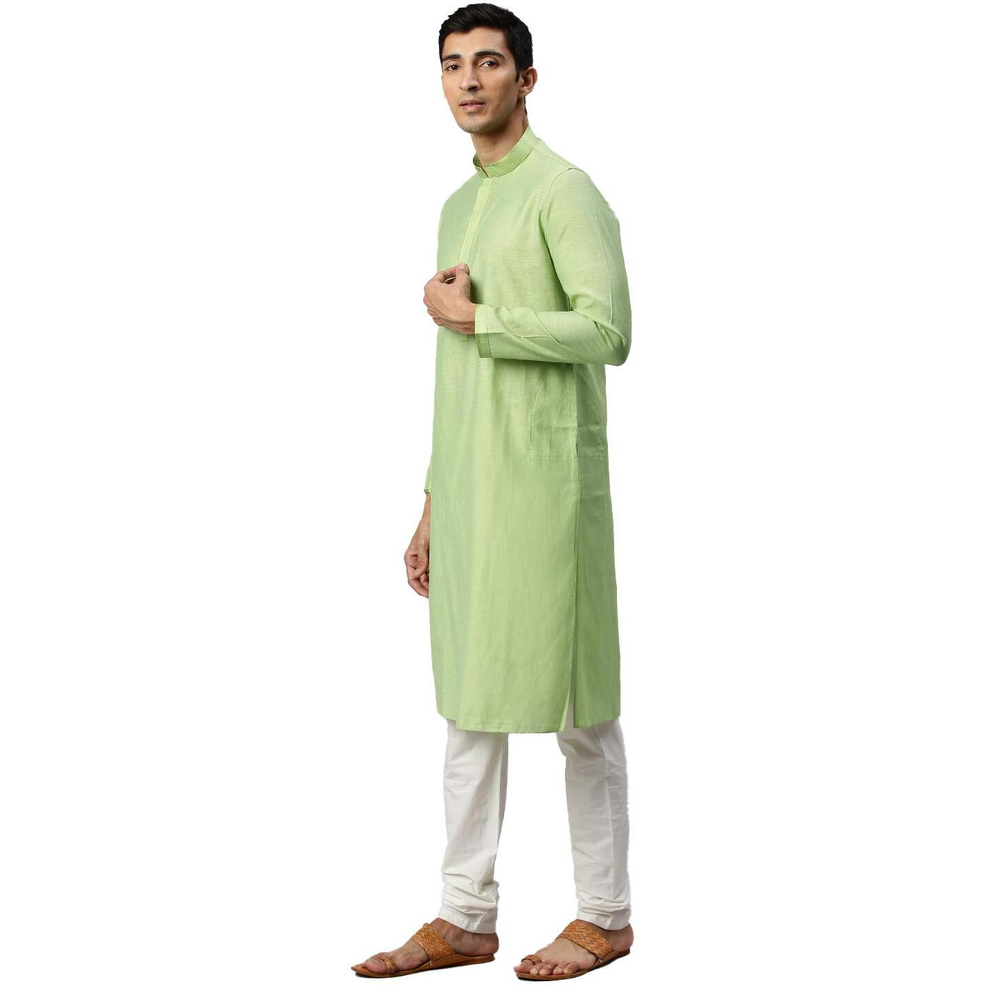 Manyavar Men's Solid Long Full Sleeves Kurta Churidar Set - (Green, X-Large)