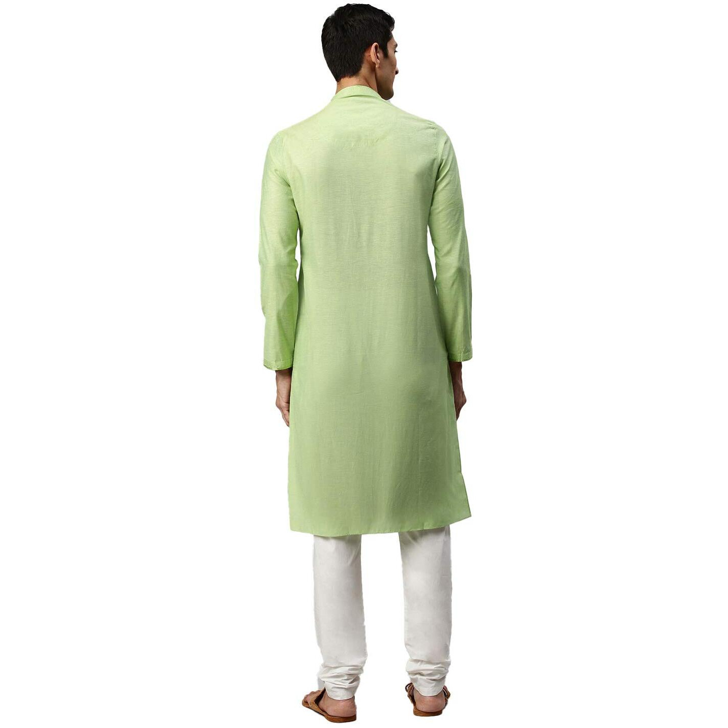 Manyavar Men's Solid Long Full Sleeves Kurta Churidar Set - (Green, X-Large)
