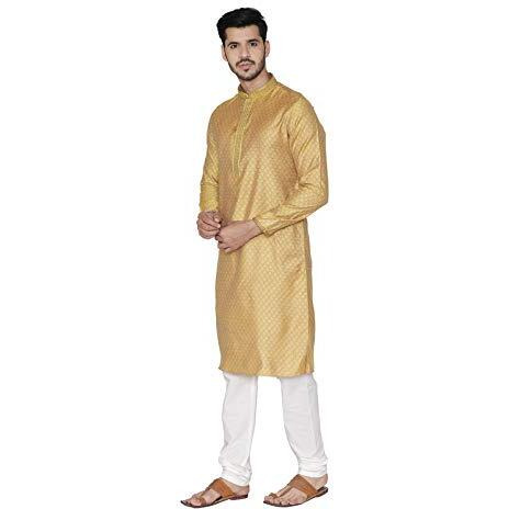 Manyavar Self Design Knee Long Full Sleeves Kurta And Churidar Set For Men - (Mustard Yellow, Small)