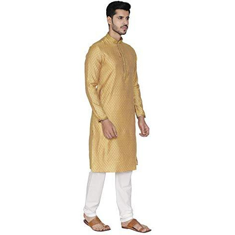 Manyavar Self Design Knee Long Full Sleeves Kurta And Churidar Set For Men - (Mustard Yellow, Small)