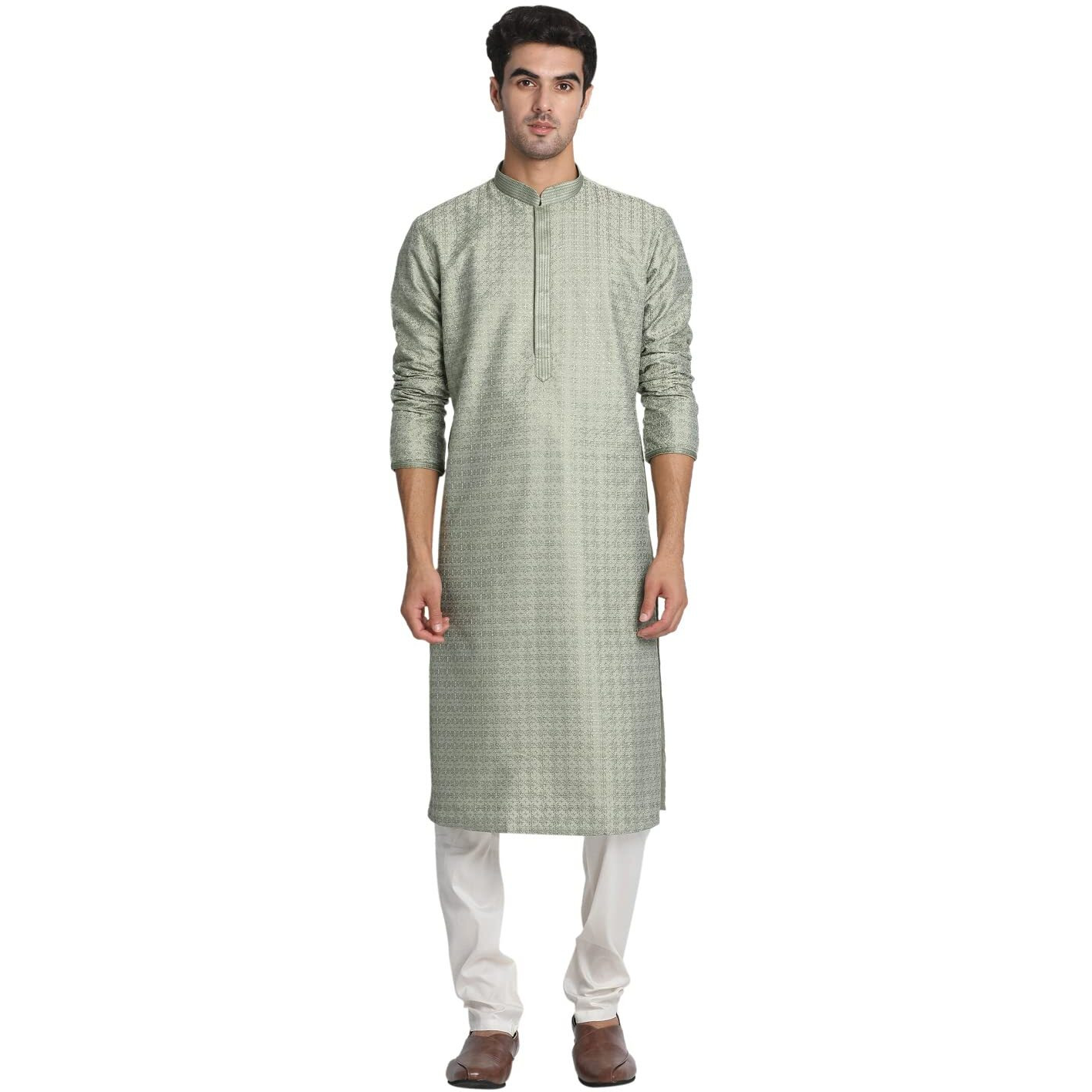 Manyavar Selfdesign Jacquard Weave Knee Long Kurta And Churidar Set For Men - (Green, X-Large)
