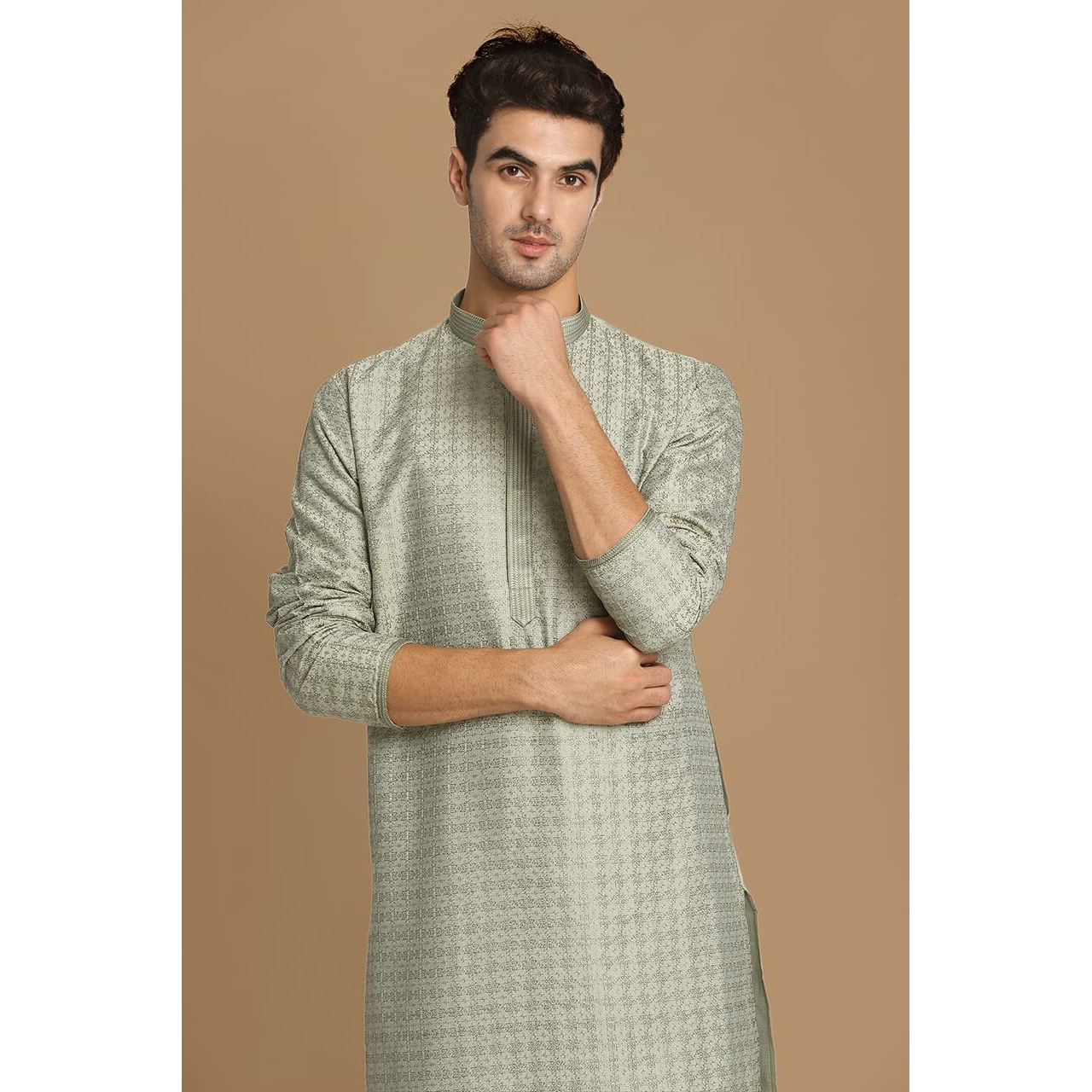 Manyavar Selfdesign Jacquard Weave Knee Long Kurta And Churidar Set For Men - (Green, X-Large)