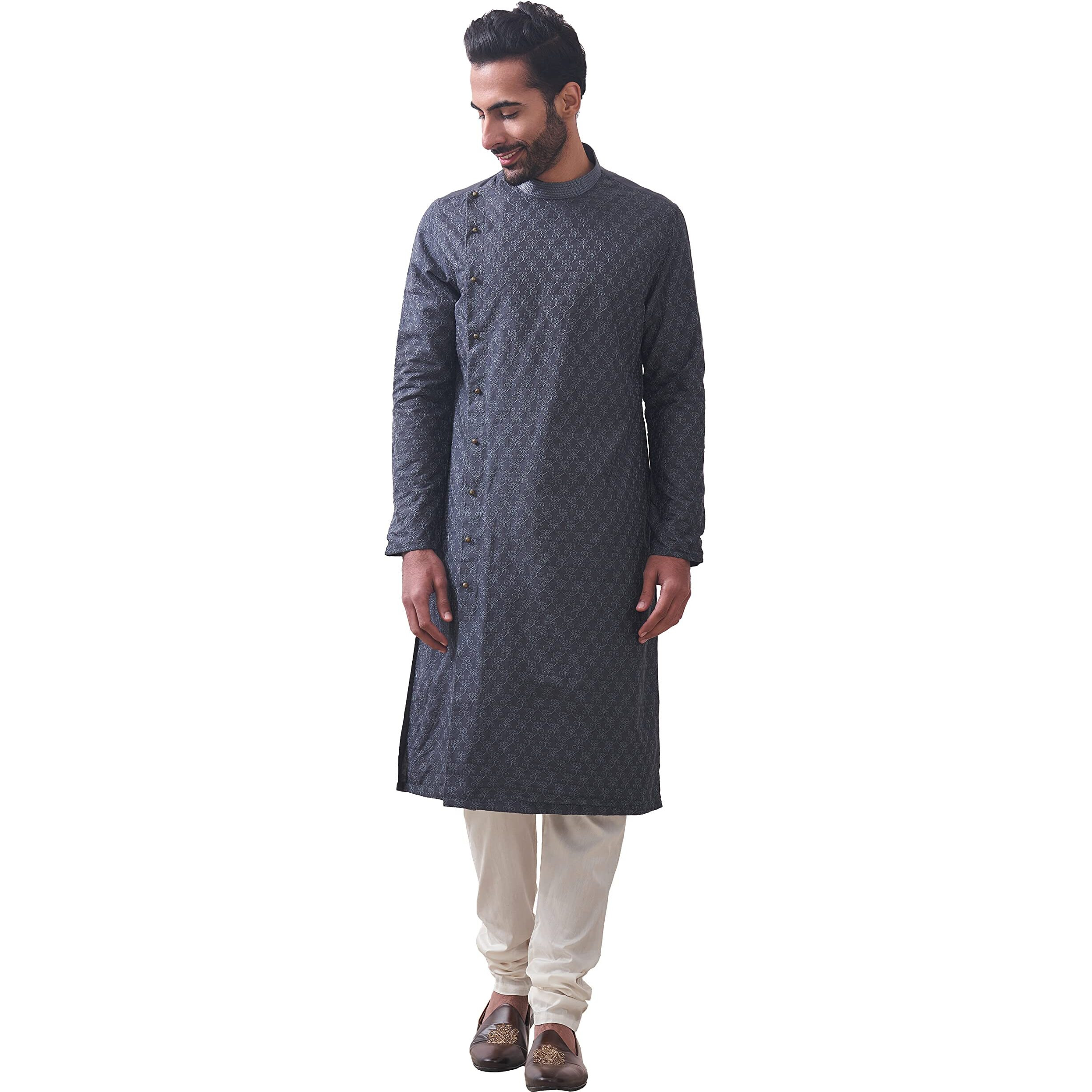 Manyavar Grey All Over Self Design Full Sleeve Art Silk Kurta Set | Traditional Kurta Set For Men (L)