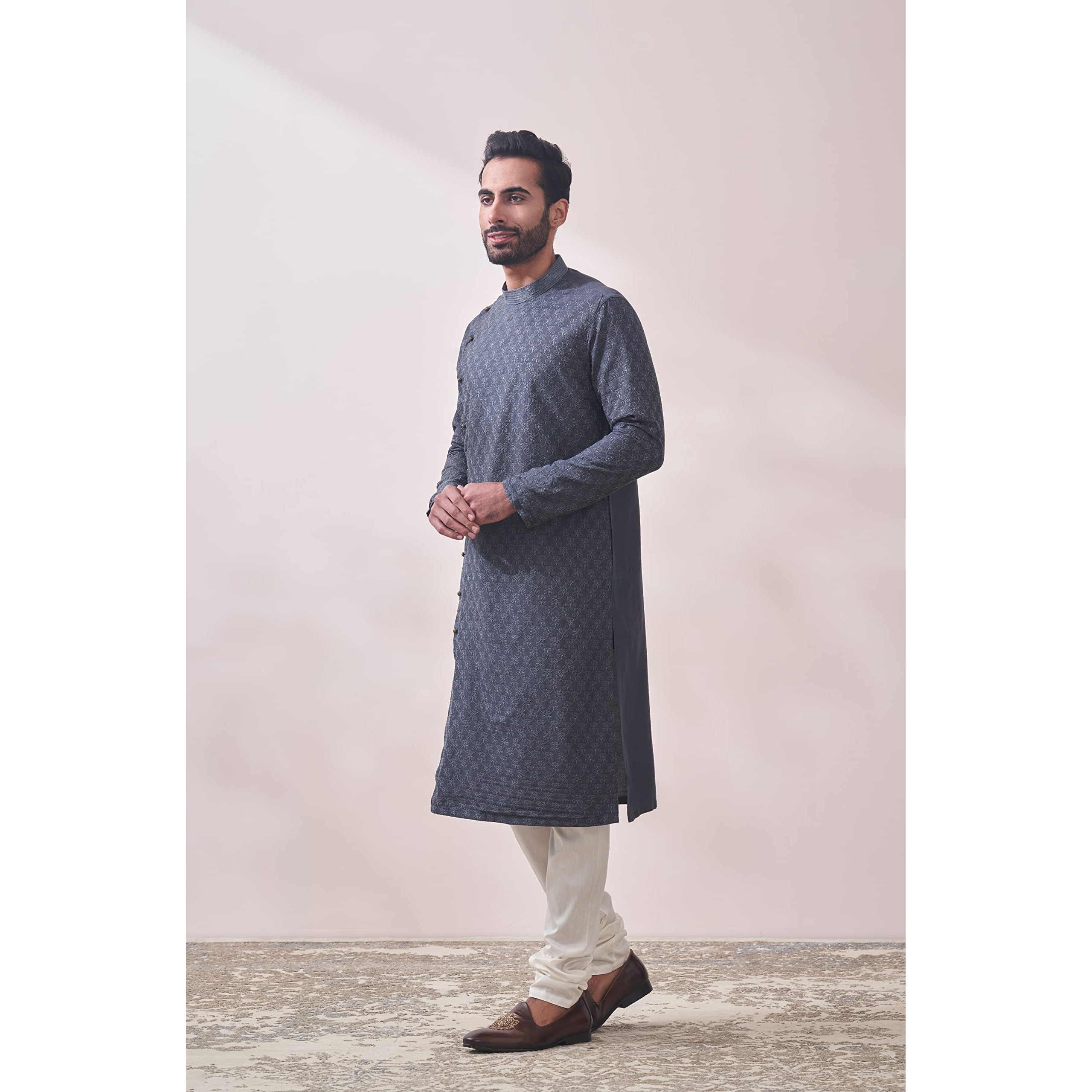 Manyavar Grey All Over Self Design Full Sleeve Art Silk Kurta Set | Traditional Kurta Set For Men (L)
