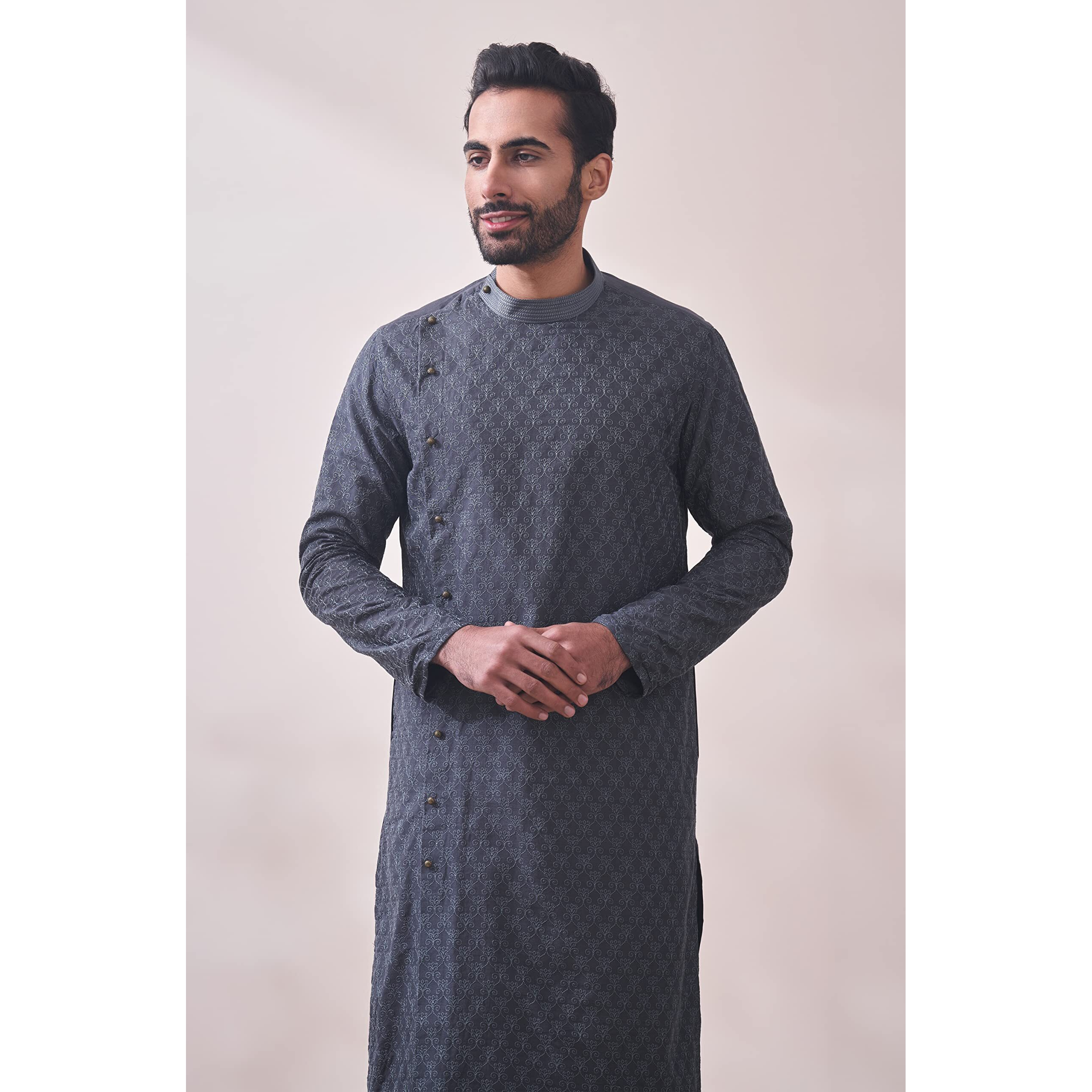 Manyavar Grey All Over Self Design Full Sleeve Art Silk Kurta Set | Traditional Kurta Set For Men (L)