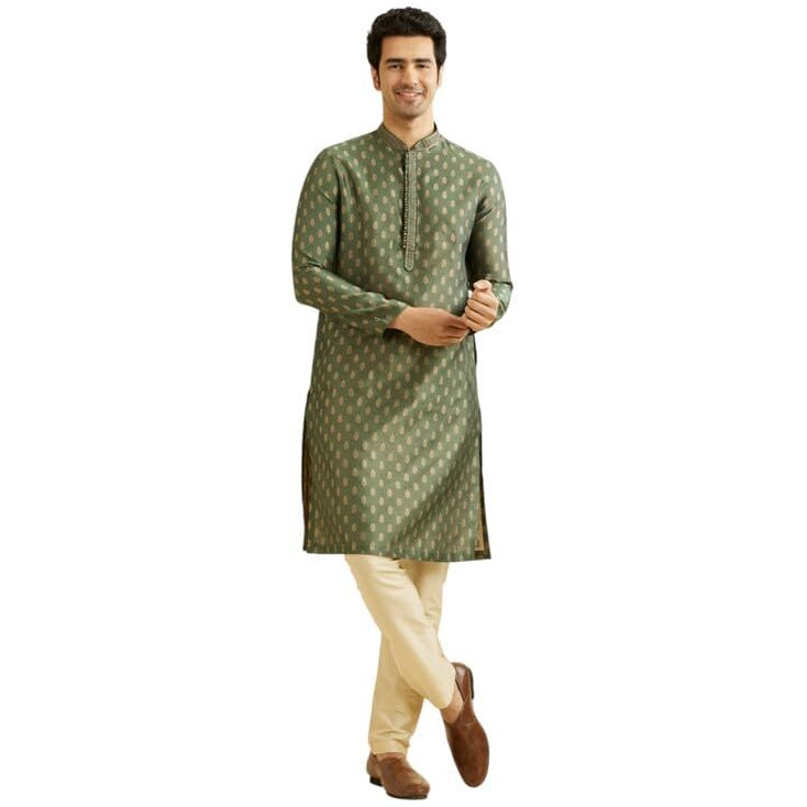 Manyavar Embroidered Knee Long Kurta And Churidar Set For Men - (Bottle Green, Large)