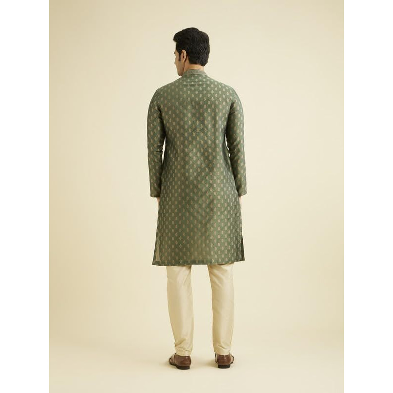 Manyavar Embroidered Knee Long Kurta And Churidar Set For Men - (Bottle Green, Large)