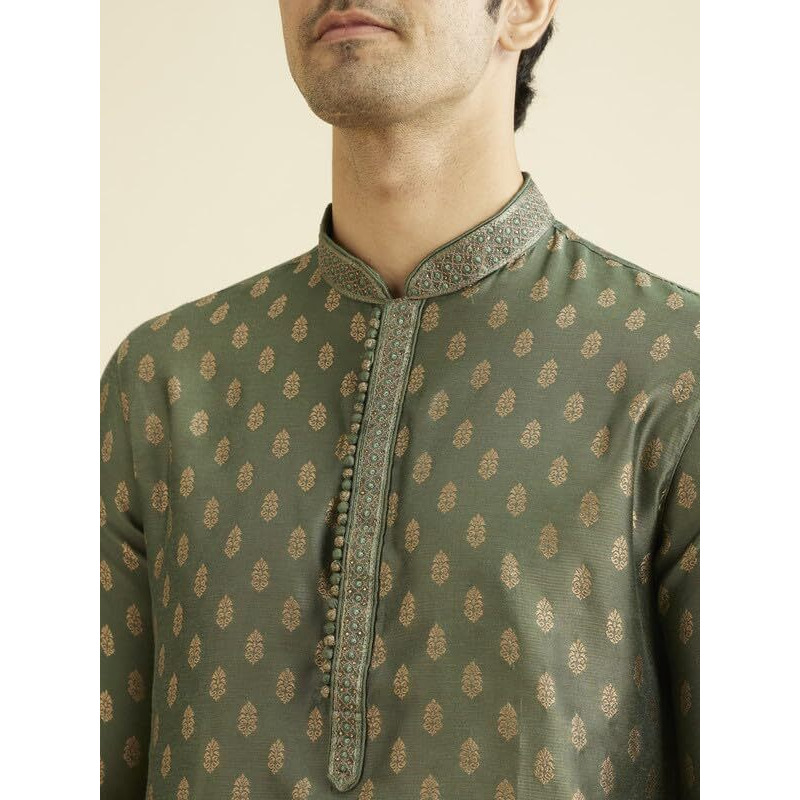 Manyavar Embroidered Knee Long Kurta And Churidar Set For Men - (Bottle Green, Large)