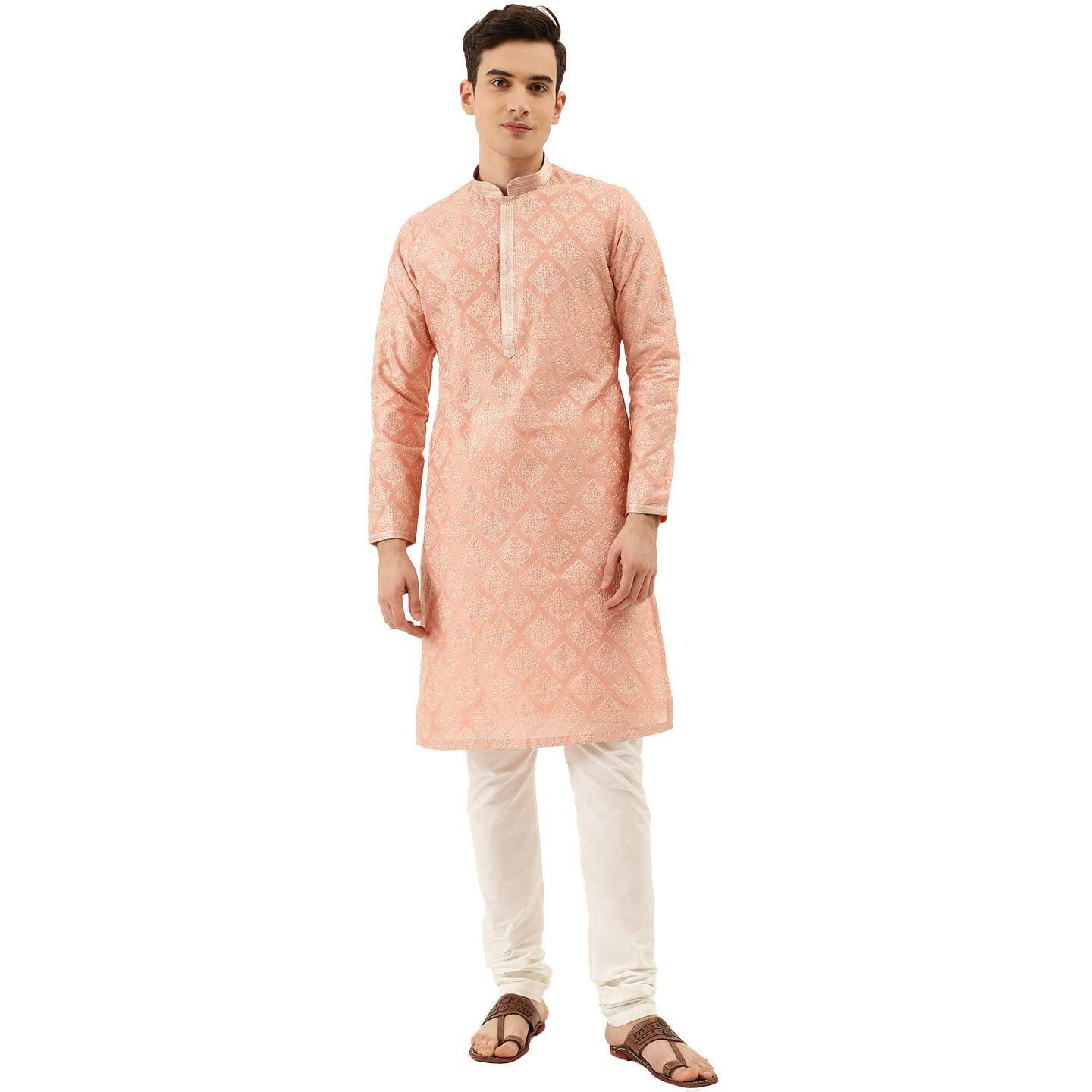 Manyavar Embroidered Knee Long Full Sleeves Kurta And Churidar Set For Men - (Gajari, Large)
