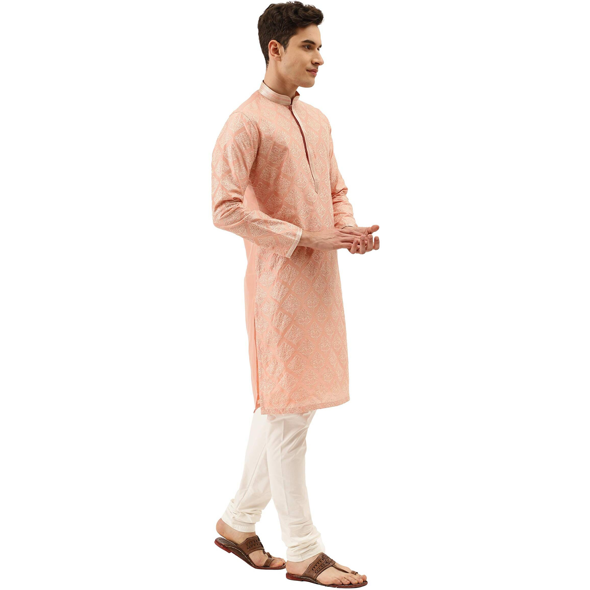 Manyavar Embroidered Knee Long Full Sleeves Kurta And Churidar Set For Men - (Gajari, Large)