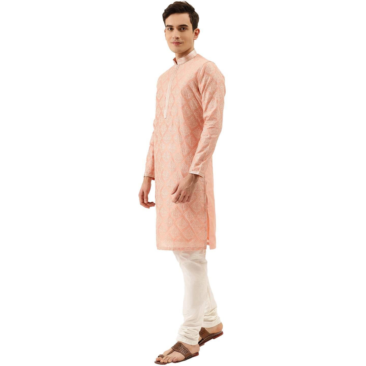 Manyavar Embroidered Knee Long Full Sleeves Kurta And Churidar Set For Men - (Gajari, Large)