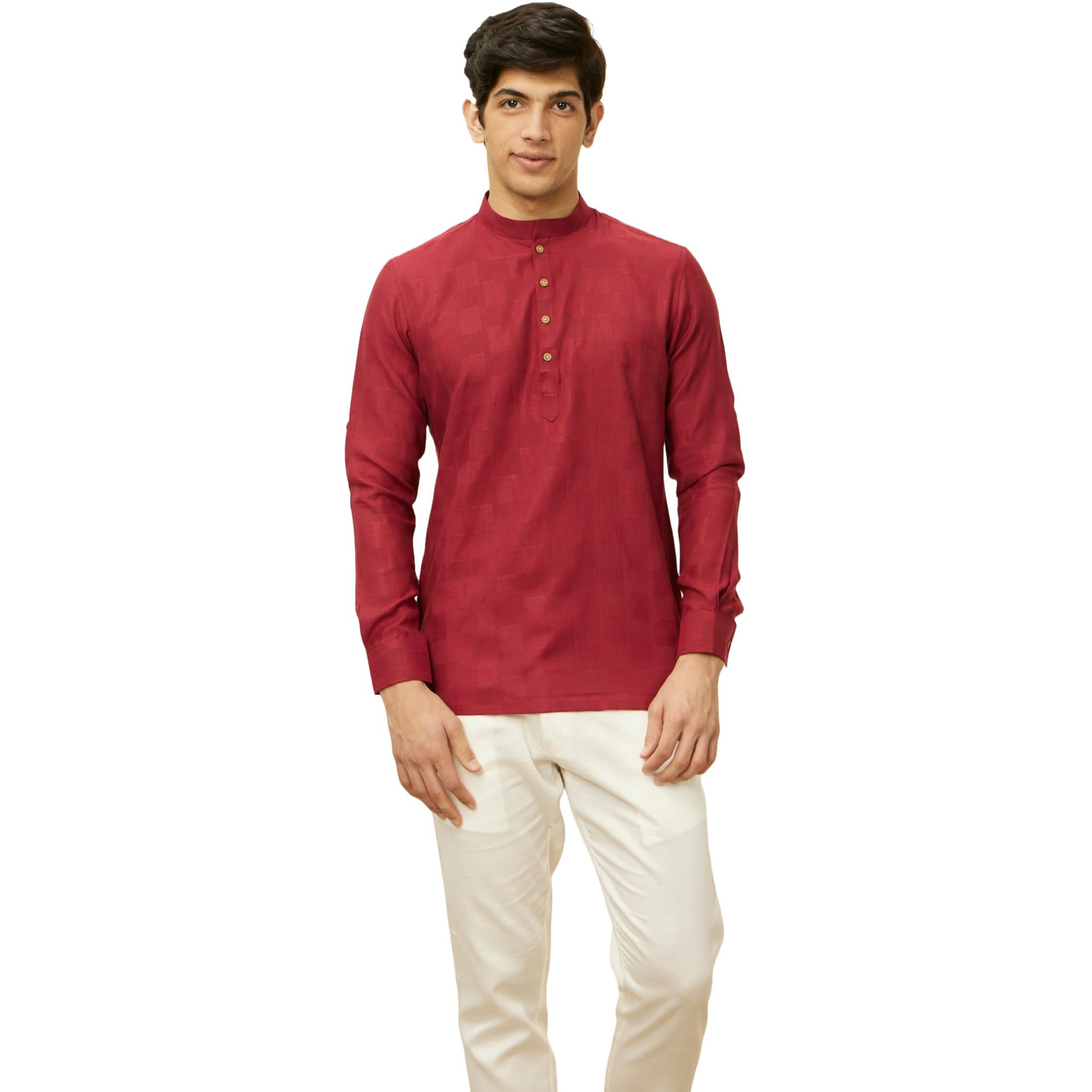Manyavar Stylish Casual Silk Blend Full Sleeves Short Kurta For Men (Maroon, X-Large)