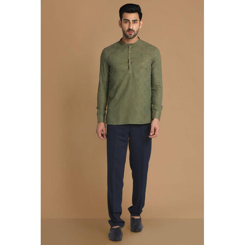 Manyavar Elegant Selfdesign Short Kurta For Men - (Khaki Green, Large)