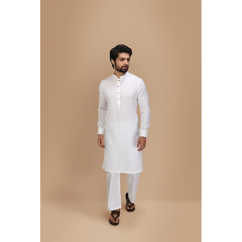 Manyavar Stylish Selfdesign Full Sleeves Kurta For Men - (White, Large)