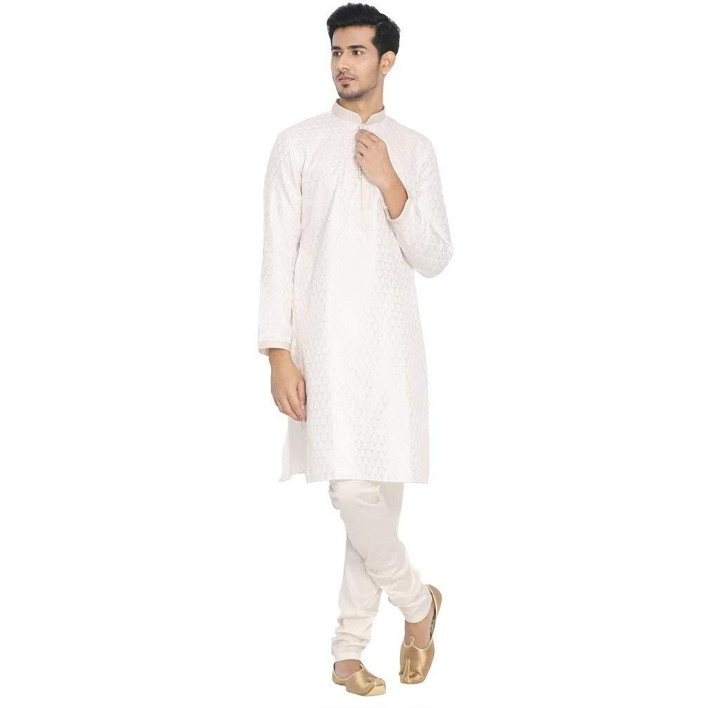 Manyavar Traditional Jacquard Print Kurta And Churidar Set For Men - (White, X-Large)