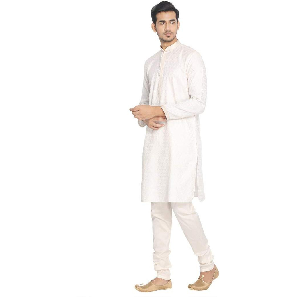 Manyavar Traditional Jacquard Print Kurta And Churidar Set For Men - (White, X-Large)