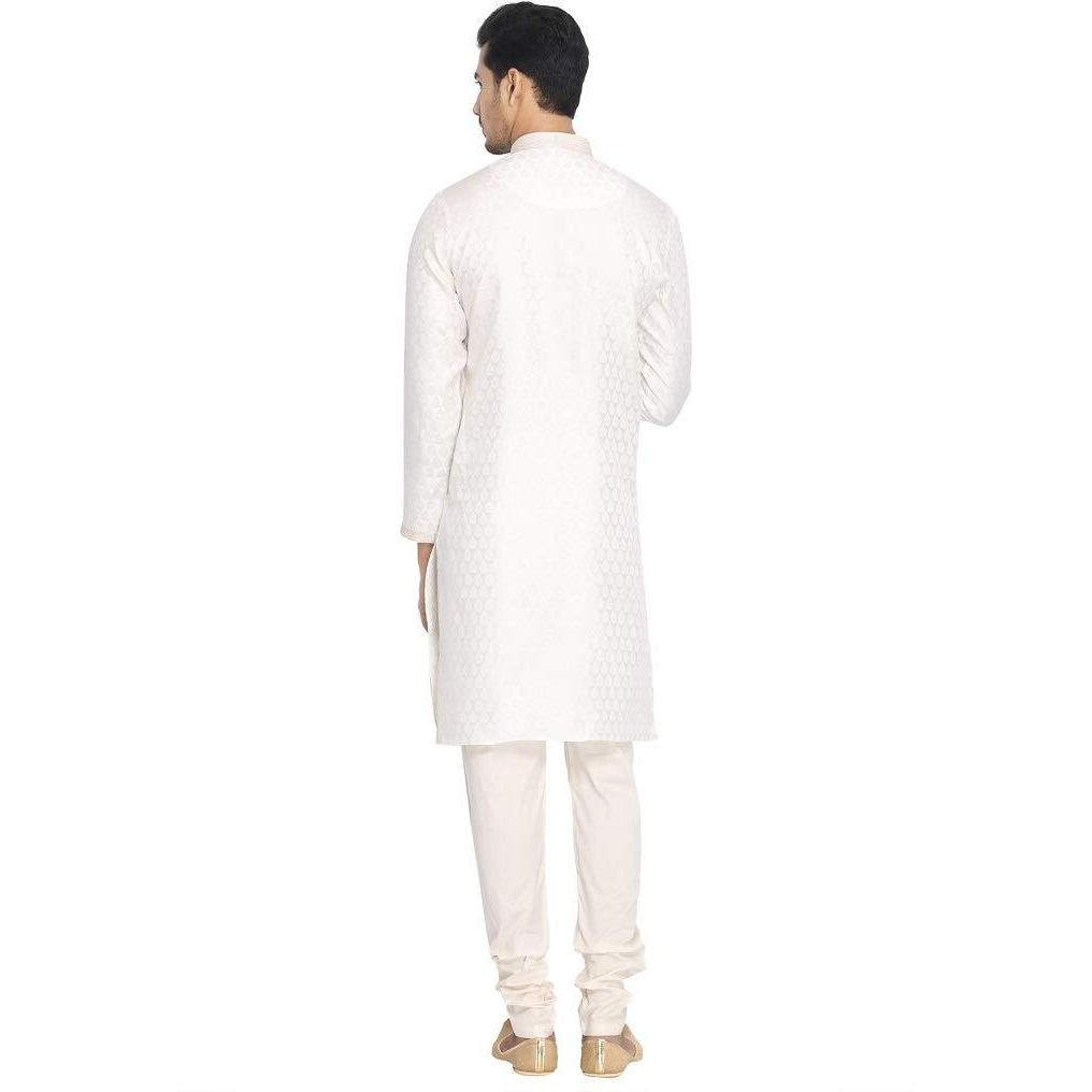 Manyavar Traditional Jacquard Print Kurta And Churidar Set For Men - (White, X-Large)