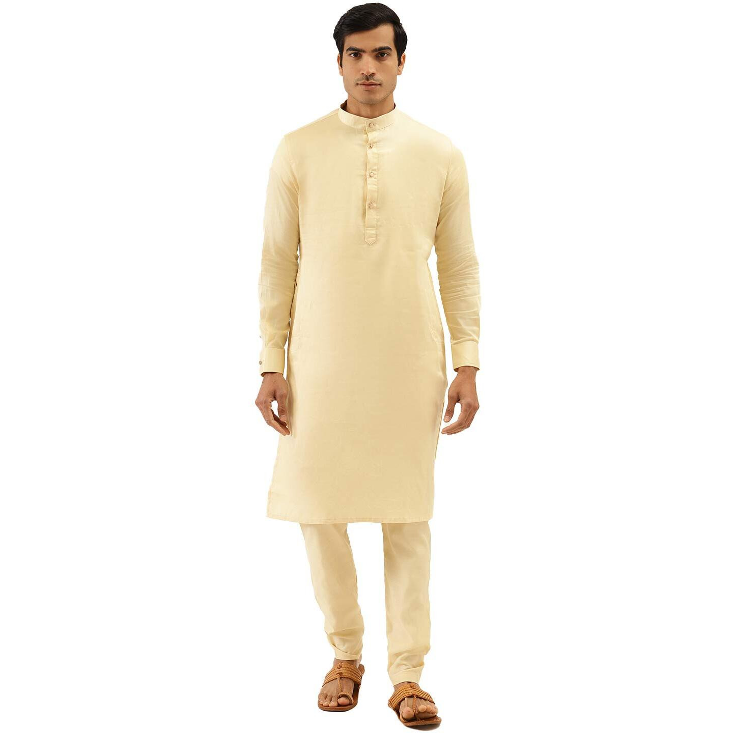 Manyavar Sytlish Solid Pattern Full Sleeves Kurta And Churidar Set For Men - (Beige, Medium)