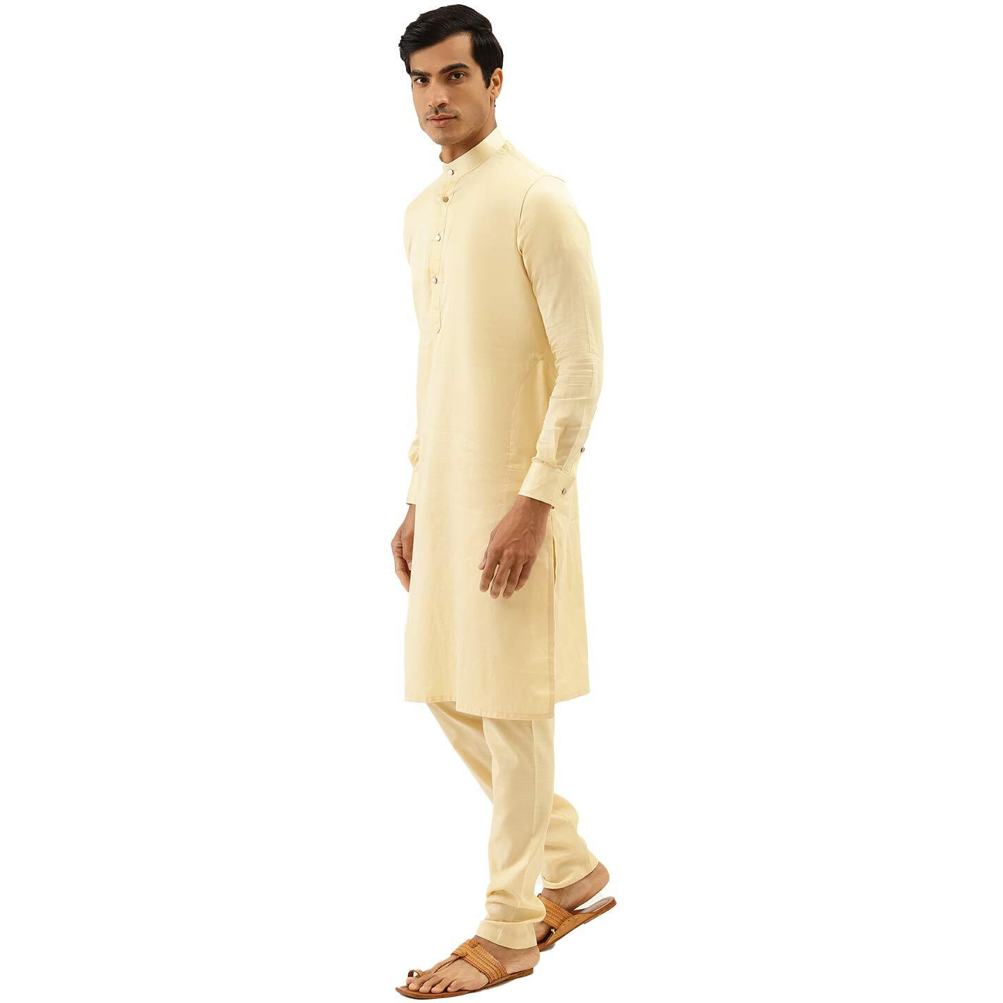 Manyavar Sytlish Solid Pattern Full Sleeves Kurta And Churidar Set For Men - (Beige, Medium)