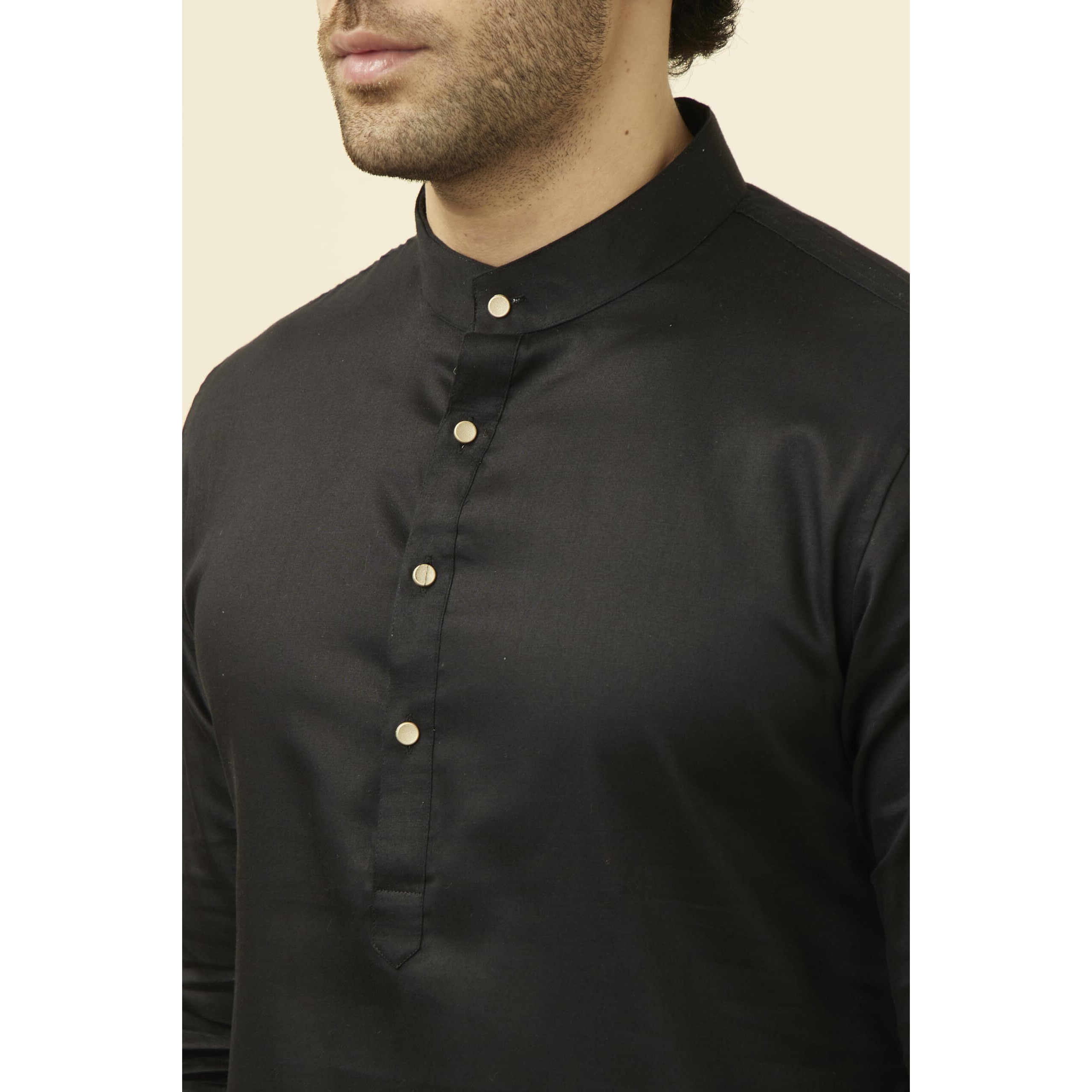 Manyavar Sytlish Solid Pattern Full Sleeves Kurta And Churidar Set For Men - (Black, Large)