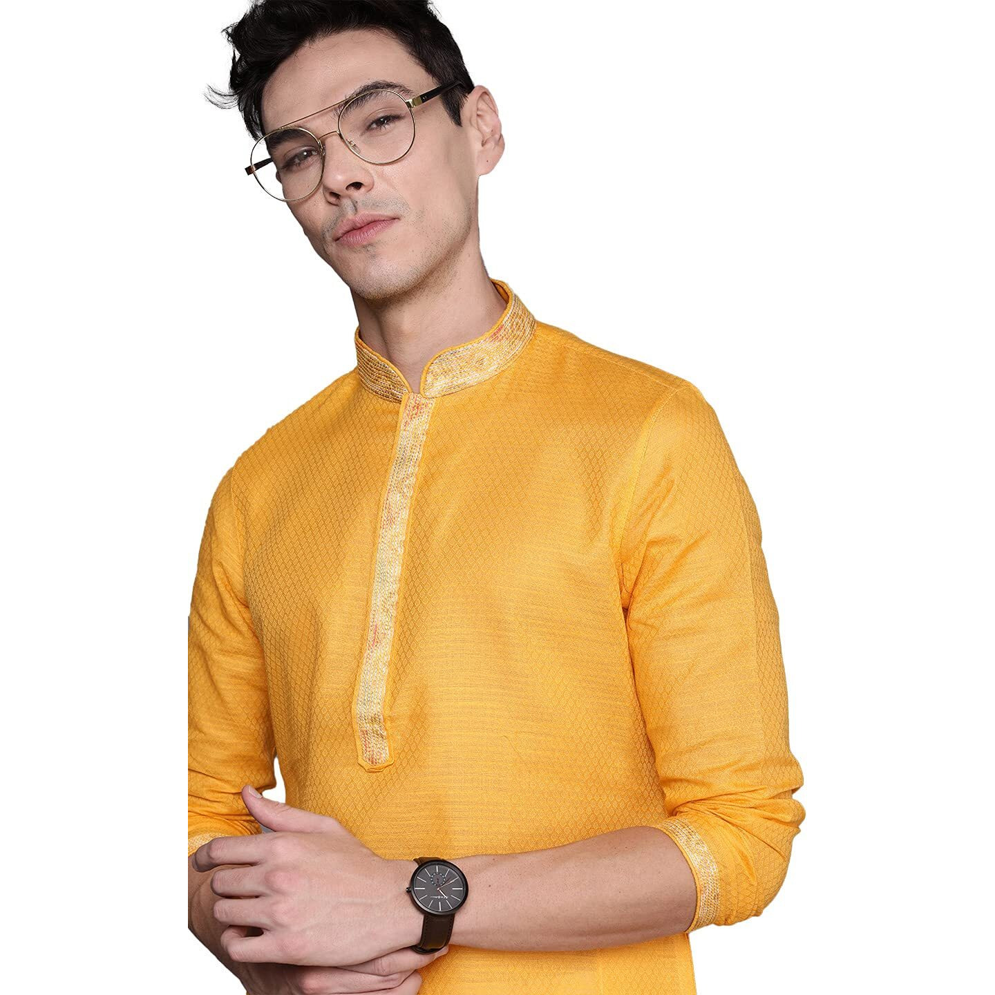 Manyavar Selfdesign Knee Long Kurta And Churidar Set For Men - (Yellow, X-Large)