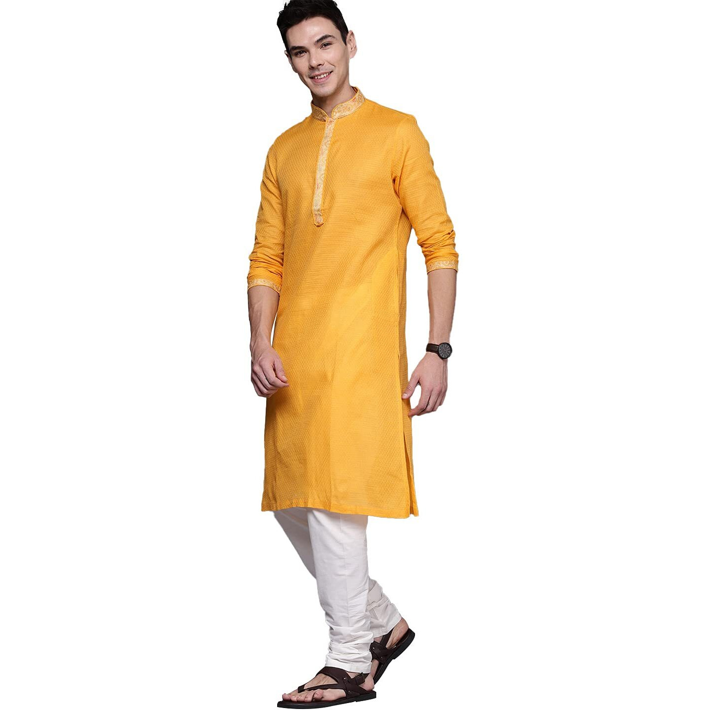 Manyavar Selfdesign Knee Long Kurta And Churidar Set For Men - (Yellow, X-Large)